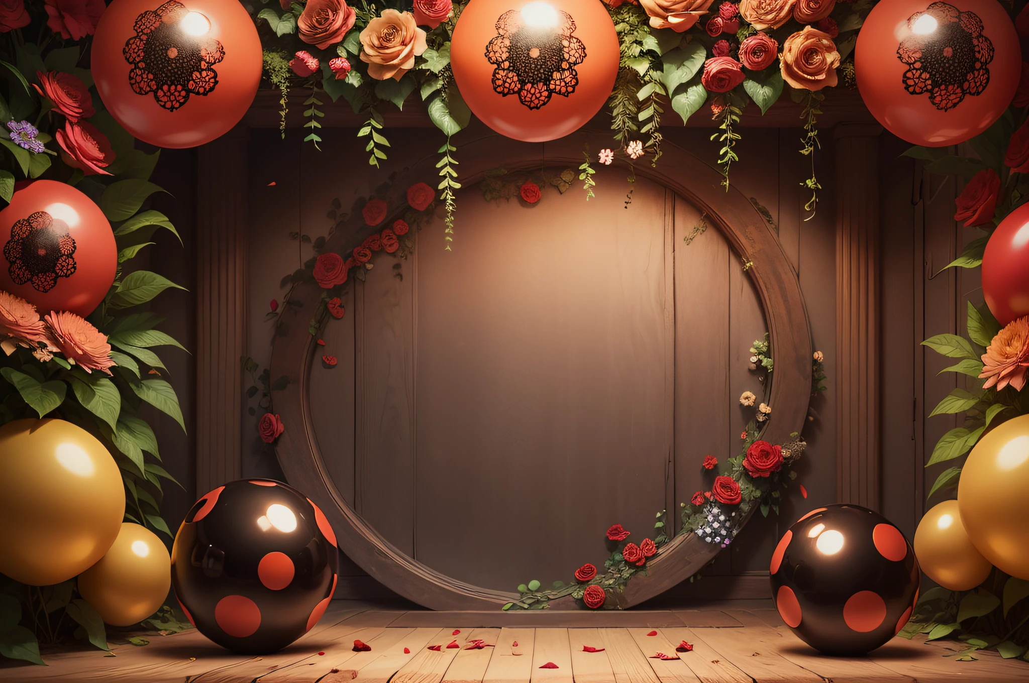 a beautiful brightly lit professional photo studio backdrop with lots of flowers and red and black floating spheres, archway