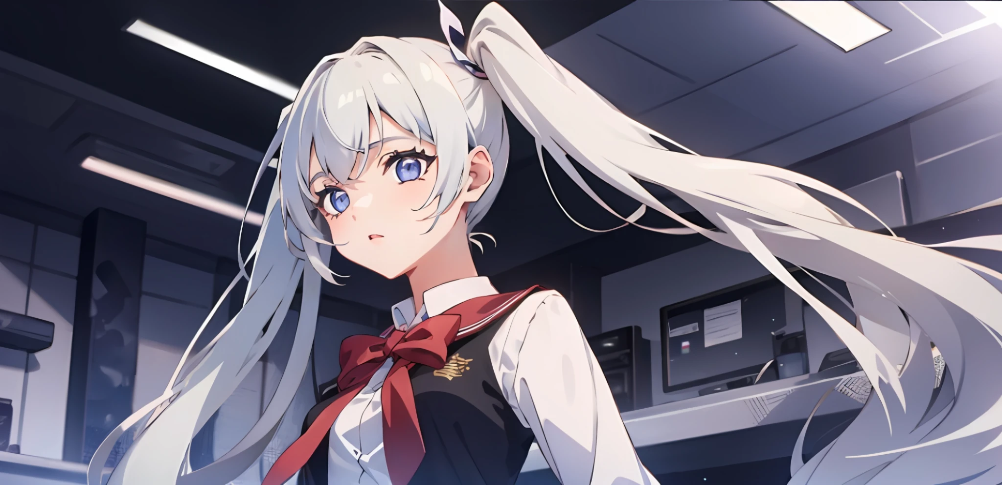 One girl, white hair, light blue inner color, purple eyes, side lights, light particles, wallpaper, shorts, moe style, spobla, long hair, high school student, anime style, twin tails, pixiv