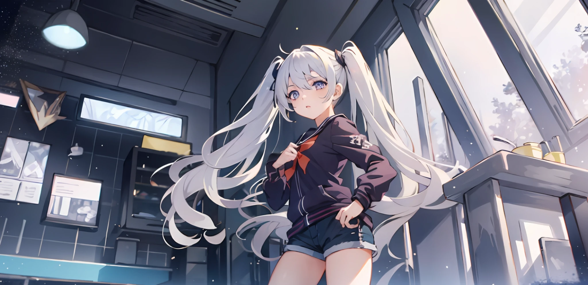 One girl, white hair, light blue inner color, purple eyes, side lights, light particles, wallpaper, shorts, moe style, spobla, long hair, high school student, anime style, twin tails, pixiv