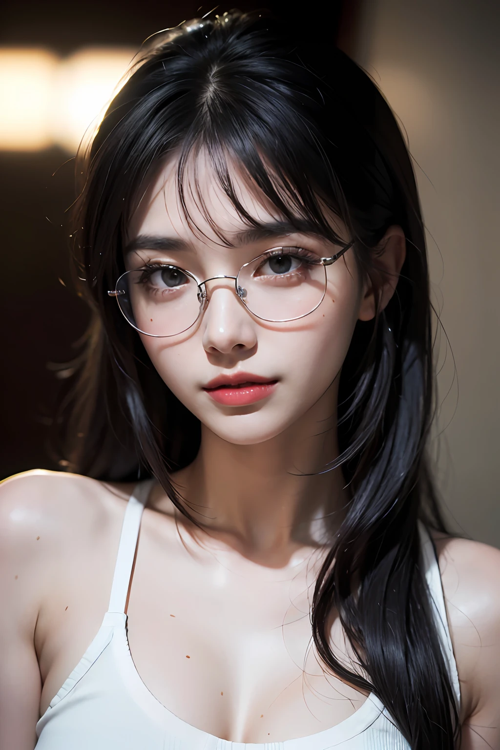 (8k, RAW, Photorealistic: 1.25), (Lip Gloss, Eyelashes, Tear Bags, Patsun Bangs, Glossy Face, Glossy Skin, Best Quality, Ultra High Resolution, Depth of Field, Chromatic Aberration, Caustics, Wide Lighting, Natural Shading, Kpop Idol) glasses, calm, gray hair, long hair, smile, little devil