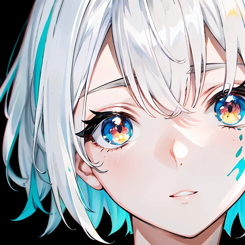 close up shot, eye close up, ((masterpiece)), ((ultra-detailed)), pixiv, best shadows, best lighting, best quality, cinematic shot, 1girl, solo, bangs, black background, paint, portrait, short hair, blunt bangs, parted lips, paint splatter, ((two-tone hair)), looking at viewer, white hair, ((colorful eyes)), paint splatter on face, chromatic aberration, simple background