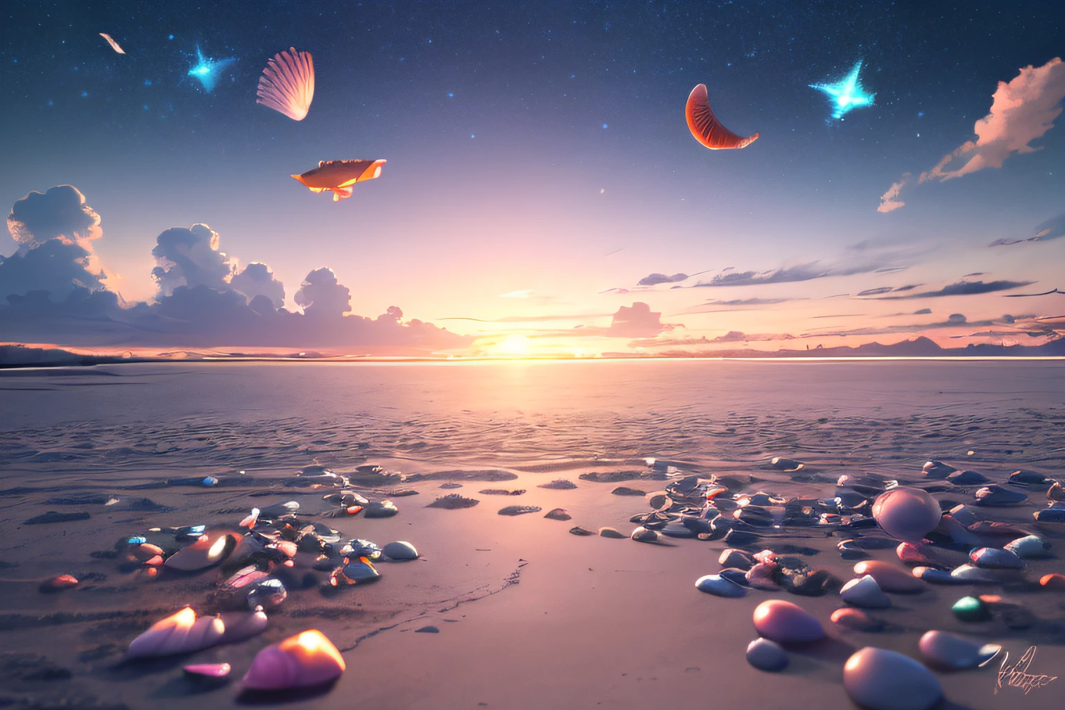 A CG rendering of many beautiful pale pink large shells and pale colour conch shells on the beach with a ring of sparkling rosettes, as crystal clear as glass. transparent colored Colorful stones,transparent,glittering,The moonlight shines on the snow-white beach, the blue sea, pearls, super details, fireflies, light effects, fairyland romance: 1" by thomas kinkade, Krenz and victo nagi, cgsociety trends, soft light, super wide-angle, distant view, fairy tale, fantasy, 8K HD wallpaper: 1 piece, Oversaturation, People, Signature, Blur, Depth of Field HD 16k