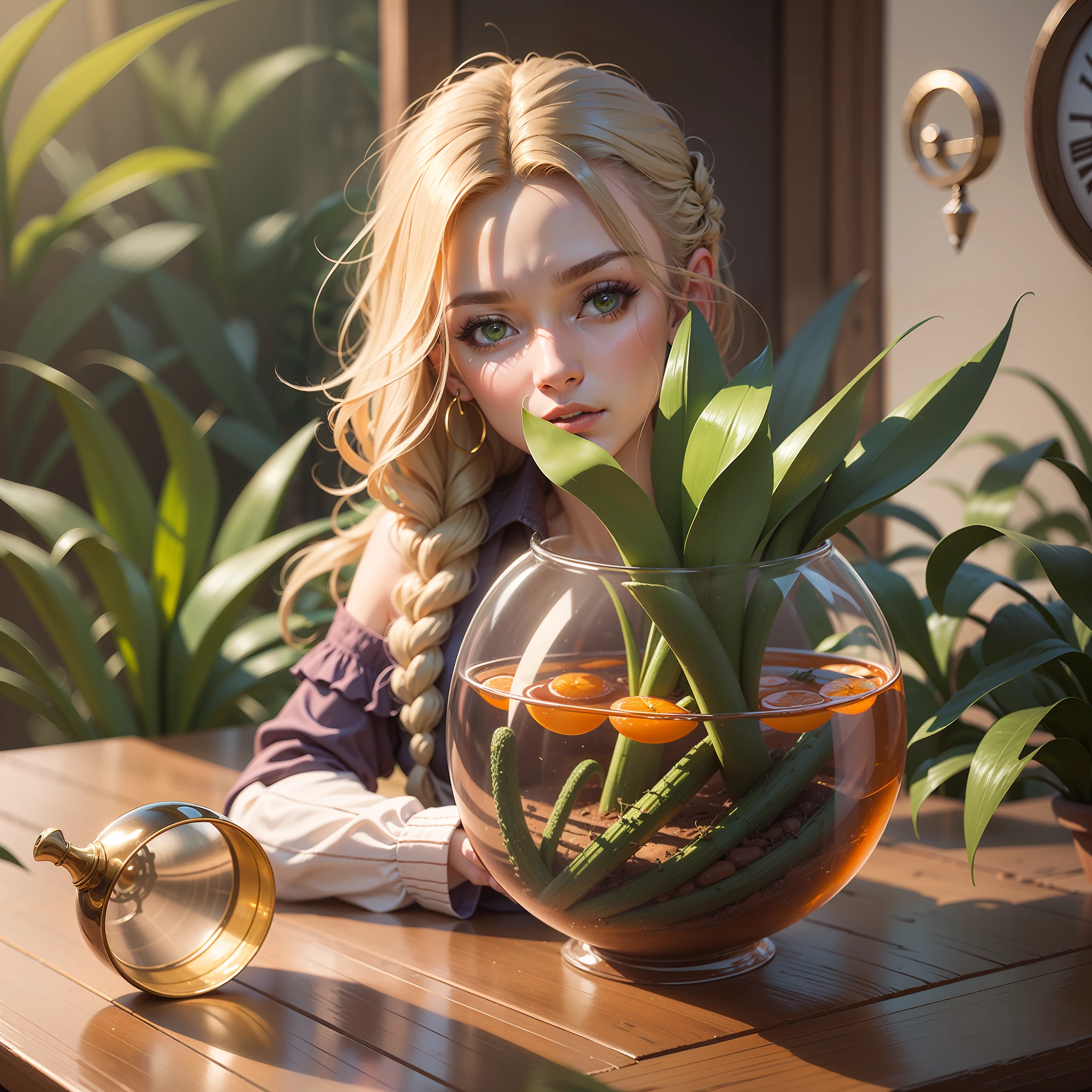 Computer Rendered Graphics, Realistic Fantasy, Extensive Landscape Ultra-Photography (general view showing glass glass, roots braiding glass, sansevieria, orange), blurred background, gloomy, yellow, green, purple background, pink, warm, magic, "Hyper-realistic textures," "Precise details," "Realistic still life," "Realistic portraits," "Realistic landscapes." Well, whoever proposed, he will unravel :)))