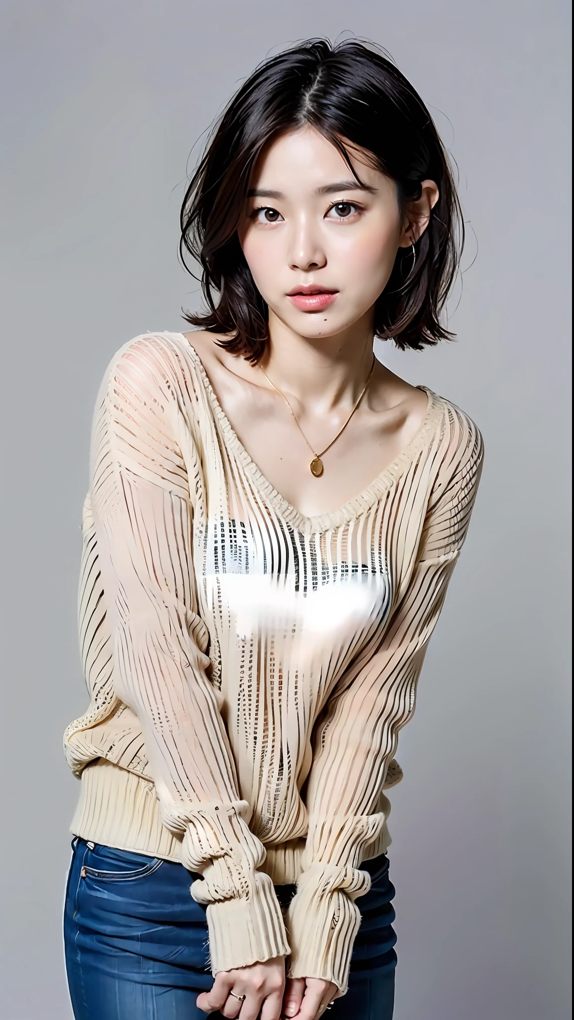 (Best Quality, 8k, 32k, Masterpiece, UHD: 1.2), Cute Japan Woman Pictures, Very Short Bob Hair, Face Focus, (oversized_sweater,:1.1) Necklace, Simple Background, Watch Viewer, Leaning Forward, Full Body