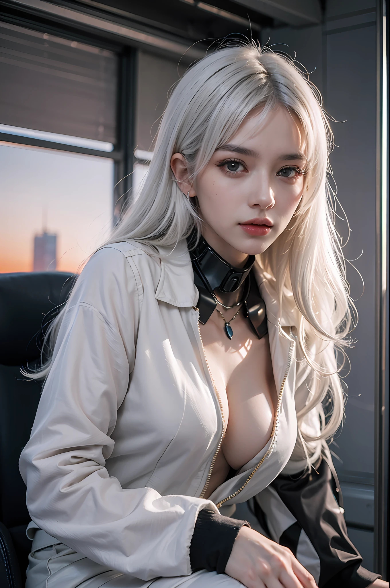 (masterpiece:1.3), (8k, photorealistic, RAW photo, best quality: 1.4), (1girl), beautiful face, (realistic face), Nice hairstyle,Realistic Eyes,Nice detail eyes,(Realistic Skin),Beautiful Skin,Ridiculous,attractive,Ultra high Resolution,an ultra realistic,RAWExtremely detailed,golden proportions, Woman wearing business outfit, white formal blazer, white blouse, white high waist business skirt, beautiful, masterpiece, best quality, perfect lighting, (white hair:1.4), long hair, (grey eyes:1.2), slender build, thin, medium breasts, business woman, ceo of small arms and aerospace centered mega corporation, sitting in luxurious black office chair, giant modern window with view of dusk cyberpunk city skyline in background, torso shot, dusk, (cyberpunk city background:1.3), (Hazy sky:1.2), (Dim red sun:1.3), eyelashes, dark eyeliner, cyberpunk, older, sleek modern-futuristic office, (white clothes:1.2)