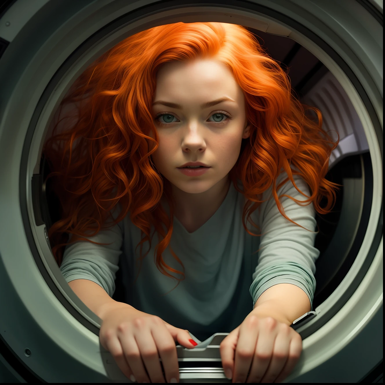 arafed woman with red hair looking out of a washing machine, rage against the washing machine, photo still, amazing photo, in a laundry mat, an amazing photo, beautifully disturbing, full color still, prize winning color photo, beautiful photo, closeup portrait shot, ginger hair, washing machine, portrait shot, sadie sink, redhead woman, curious, dustin lefevre