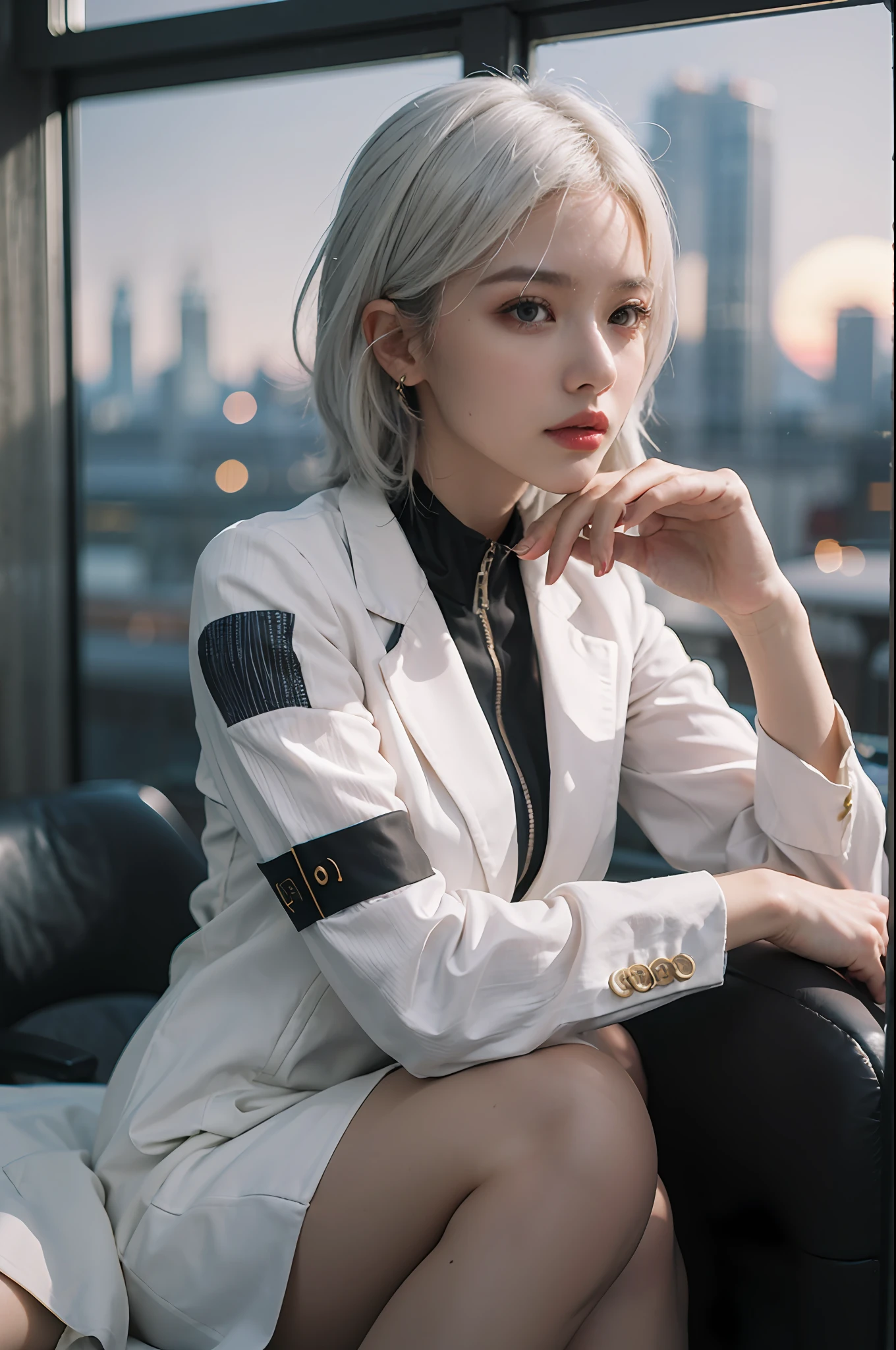 (masterpiece:1.3), (8k, photorealistic, RAW photo, best quality: 1.4), (1girl), beautiful face, (realistic face), Nice hairstyle,Realistic Eyes,Nice detail eyes,(Realistic Skin),Beautiful Skin,Ridiculous,attractive,Ultra high Resolution,an ultra realistic,RAWExtremely detailed,golden proportions, Woman wearing business outfit, white formal blazer, white blouse, white high waist business skirt, beautiful, masterpiece, best quality, perfect lighting, (white hair:1.4), long hair, (grey eyes:1.2), slender build, thin, medium , business woman, ceo of small arms and aerospace centered mega corporation, sitting in luxurious black office chair, giant modern window with view of dusk cyberpunk city skyline in background, torso shot, dusk, (cyberpunk city background:1.3), (Hazy sky:1.2), (Dim red sun:1.3), eyelashes, dark eyeliner, cyberpunk, older, sleek modern-futuristic office, (white clothes:1.2)