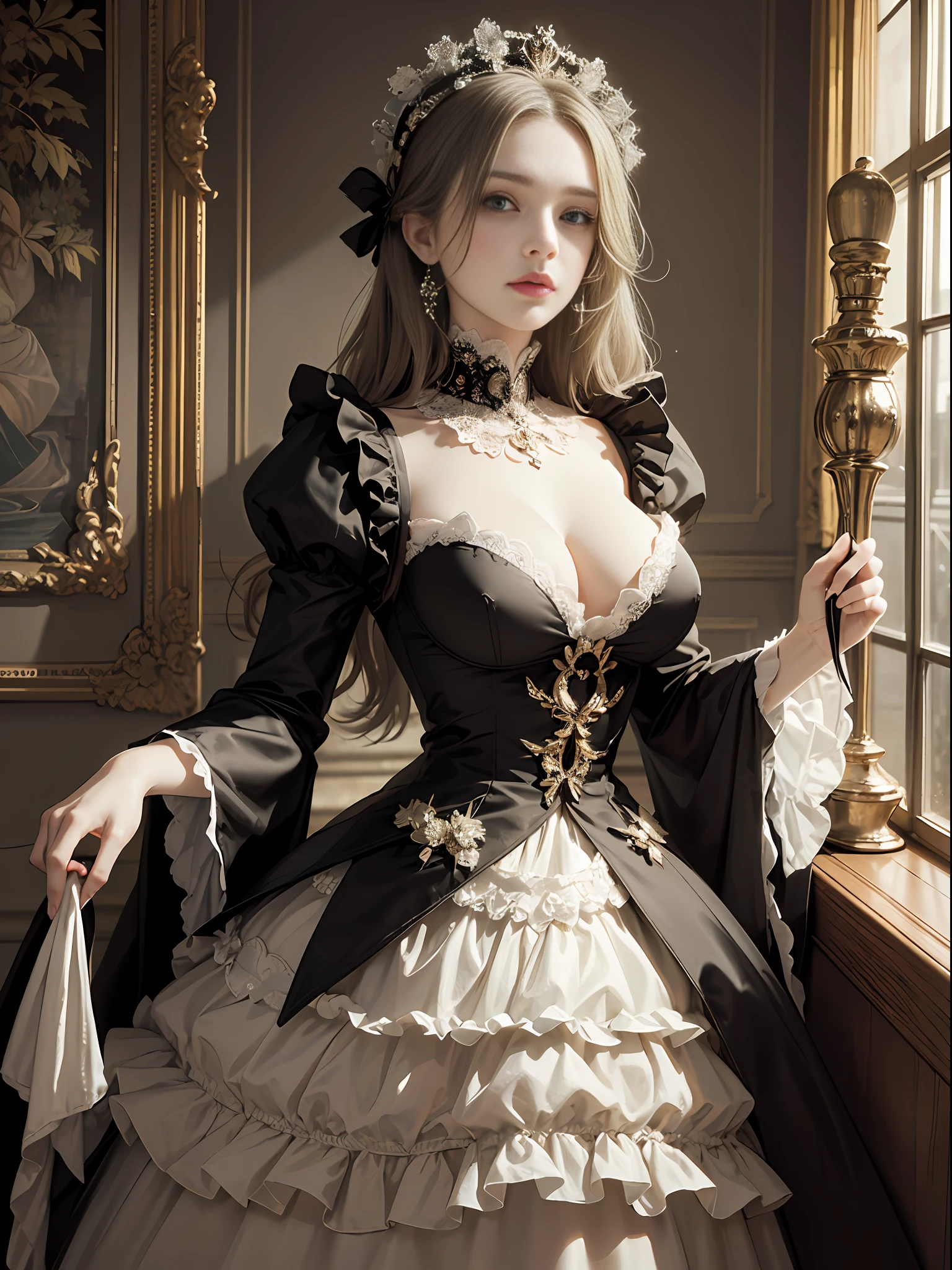 (Pure Color: 0.9), (Color: 1.1), (Masterpiece: 1,2), Top Quality, Masterpiece, High Resolution, Original, Highly Detailed Wallpaper, Beauty, Victorian, Dress, Melancholy, Big Breasts, Sepia Color, 40 years old --auto --s2