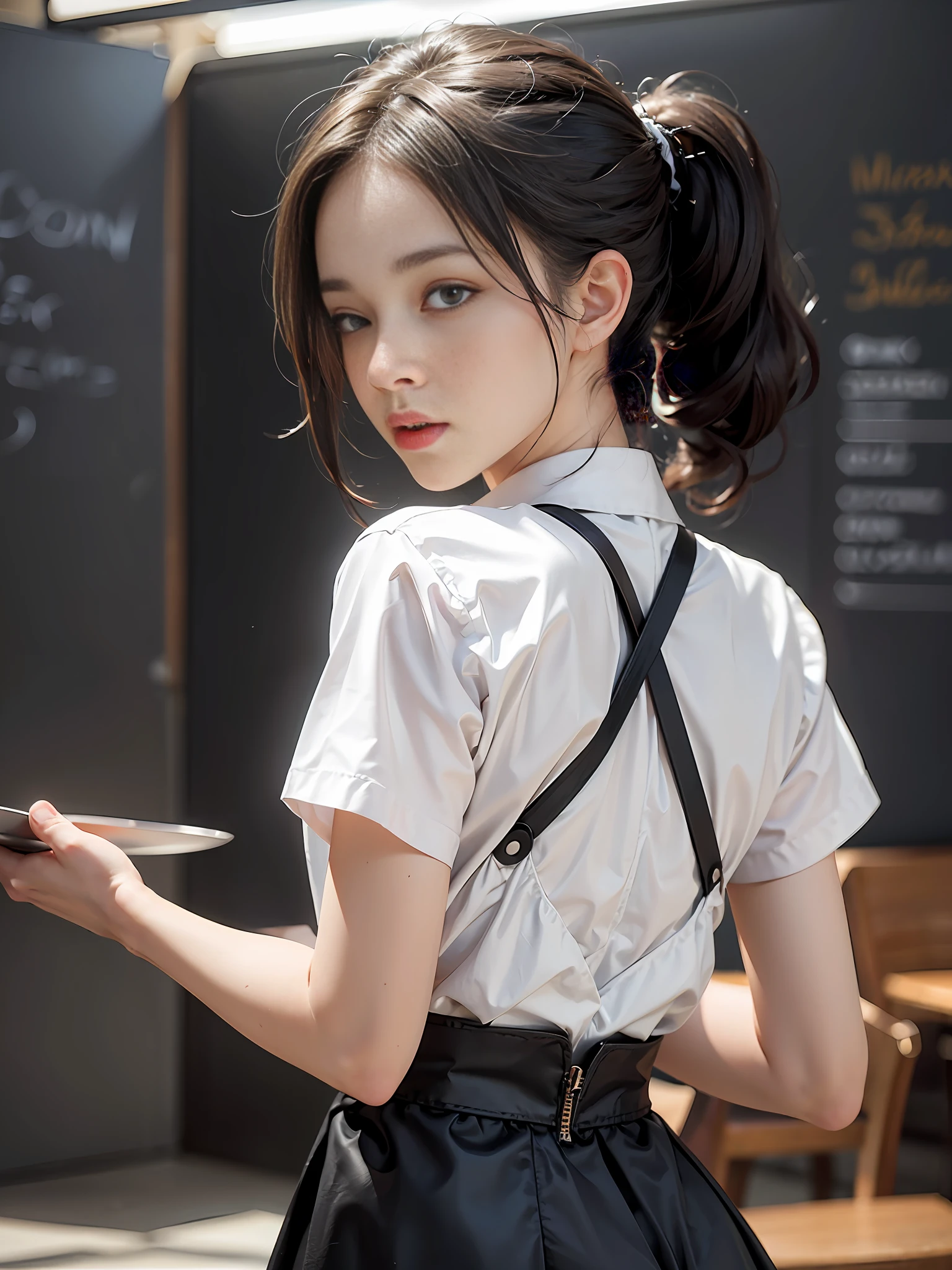 mature barista, (full body), (masterpiece: 1.3), (8k, photorealism, RAW photography, best quality: 1.4), (1girl), shallow depth of field, focused face, soft focus, beautiful face, pearl pink shiny lips, (backlight: 1.5), (surroundings: 1.3), (realistic face), (black hair, medium short: 1.3), Loose wavy hair, Short bangs, Ponytail, Pigtails, Braids, Realistic eyes, Dark brown eyes, Pupil highlights, Beautiful detail eyes, Dark brown eyes, (plenty of natural light), (Realistic skin), Beautiful skin, (white collar blouse), (Apron), (tight skirt), (Carrying tray), Absurd, Attractive, Ultra high resolution, Ultra realistic, High Definition, Golden ratio, detailed café dining background, blackboard menu, backlight from back window, pale skylight with natural light, natural light lighting from diagonally front of face, (small head), (small), perfect anatomy