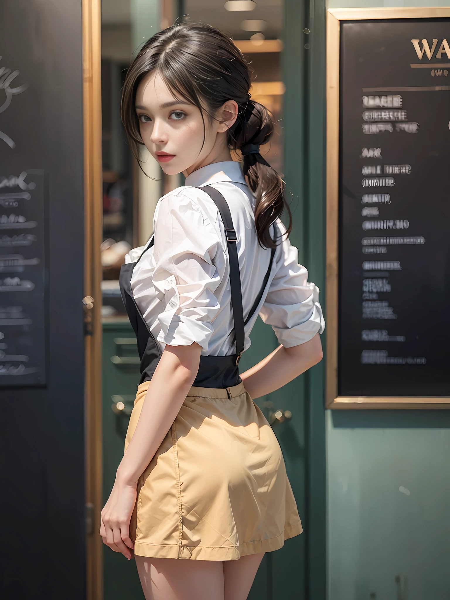 mature barista, (full body), (masterpiece: 1.3), (8k, photorealism, RAW photography, best quality: 1.4), (1girl), shallow depth of field, focused face, soft focus, beautiful face, pearl pink shiny lips, (backlight: 1.5), (surroundings: 1.3), (realistic face), (black hair, medium short: 1.3), Loose wavy hair, Short bangs, Ponytail, Pigtails, Braids, Realistic eyes, Dark brown eyes, Pupil highlights, Beautiful detail eyes, Dark brown eyes, (plenty of natural light), (Realistic skin), Beautiful skin, (white collar blouse), (Apron), (tight skirt), (Carrying tray), Absurd, Attractive, Ultra high resolution, Ultra realistic, High Definition, Golden ratio, detailed café dining background, blackboard menu, backlight from back window, pale skylight with natural light, natural light lighting from diagonally front of face, (small head), (small), perfect anatomy