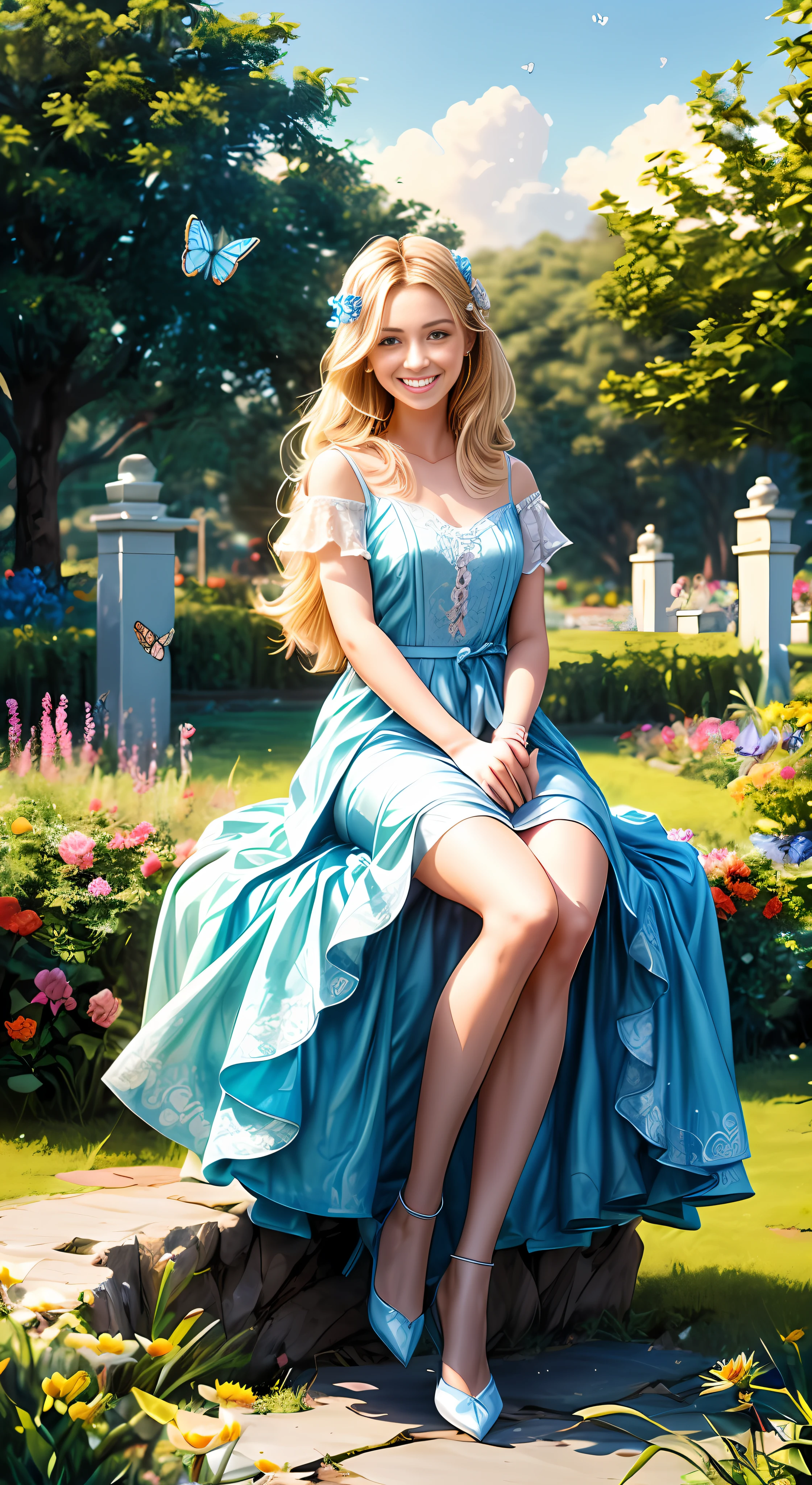 The Butterfly Garden was a unique place, surrounded by peace and serenity. Its flowers bloomed in every color imaginable, creating a visual spectacle for the eyes. It was there, in the heart of this garden, that the mother of the two girls, Belaluz, lived. She was a radiant blonde woman with long flowing blonde hair and a smile that lit up everyone around her. Belaluz tended the garden with love and dedication, ensuring that each flower and butterfly was in perfect harmony. Illustration of "happy" in a flower garden. Blue sky of clouds tending the garden with butterflies. Beautiful illustration, beautiful painting, beautiful UHD 4k art, beautiful art, a beautiful art illustration, guweiz style art, beautiful painting, atey ghailan 8k, artgerm and atey ghailan, (long blonde hair) taking care of butterflies, (butterflies). (best quality, masterpiece), 1 happy woman, particle, wind, flower, full body, garden background, looking at butterflies. --auto