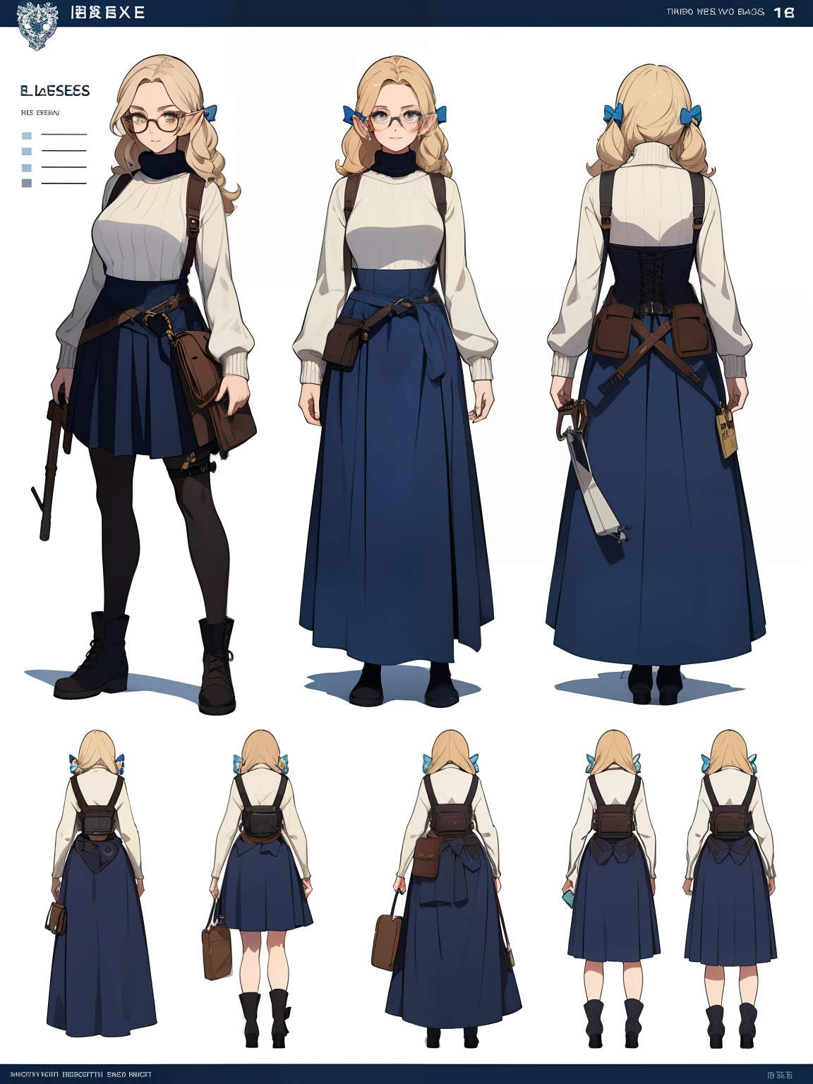 ((masterpiece)),(((best quality))),(character design sheet, same character, front, side, back), elven woman, glasses, long black curly hair, bows, lace, white turtle-neck sweater, white sweater, long colorful skirt, long skirt, satchels, pouches on waist, harness, tool belt, tools, corset, blue, navy, bright blue