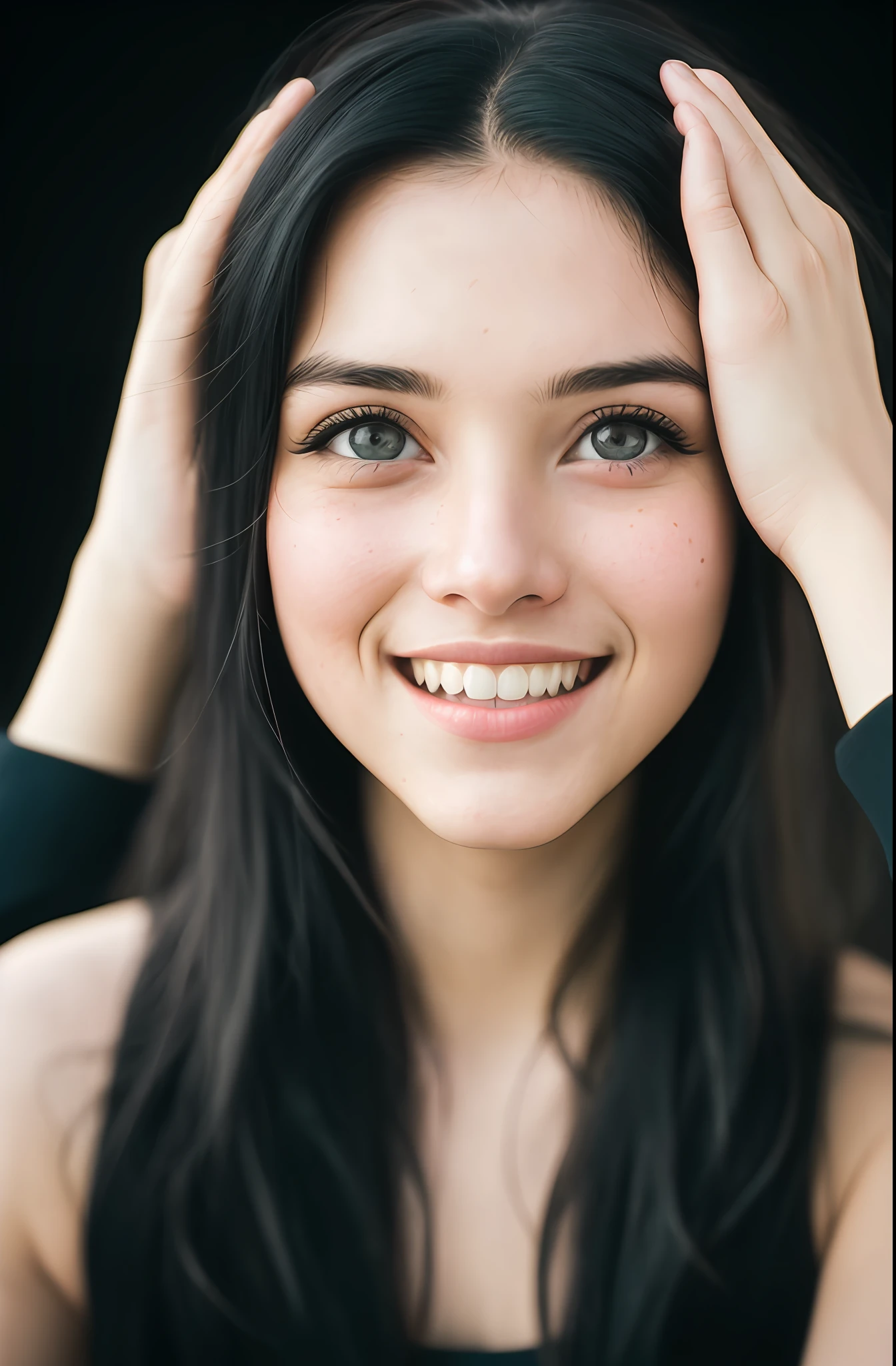 (close-up, editorial photograph of a 20-year-old woman from the 1940s), (highly detailed face:1.4) (blue eye) (laugh:0.7) (looking up with slightly slanted face) (sideways) (background inside dark, grumpy, private study:1.3) POV, by lee jeffries, nikon d850, film bank photography,4 kodak portra 400, camera f1.6 lens, rich colors, Hyper realistic, realistic texture, dramatic lighting, Cinestill 800, (long black hair) (light skin)