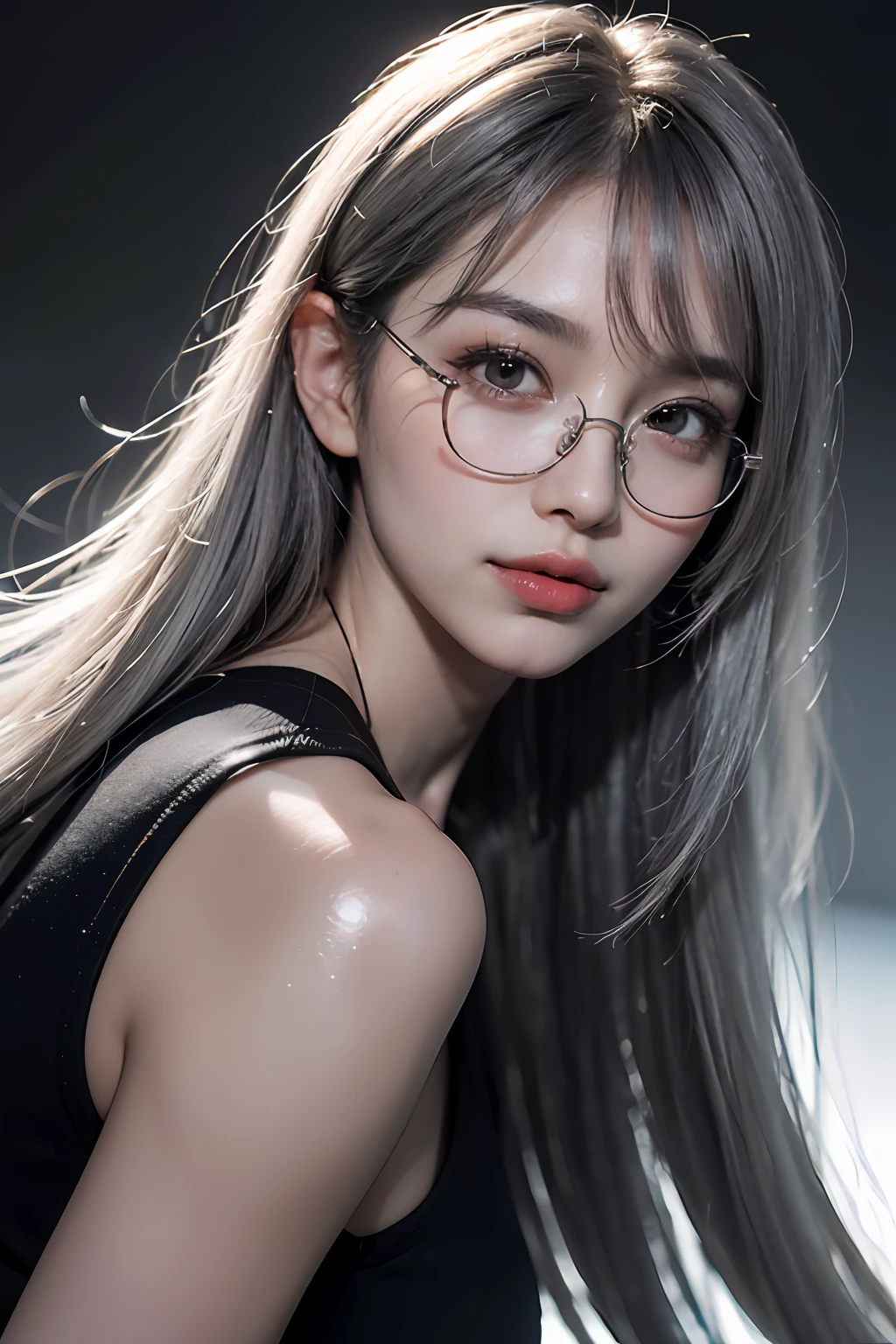 (8k, RAW, Photorealistic: 1.25), (Gray Hair, Lip Gloss, Eyelashes, Tear Bags, Crisp Bangs, Shiny Face, Glossy Skin, Best Quality, Ultra High Resolution, Depth of Field, Chromatic Aberration, Caustics, Wide Lighting, Natural Shading, Kpop Idol) glasses, calm, long hair, smile, devil