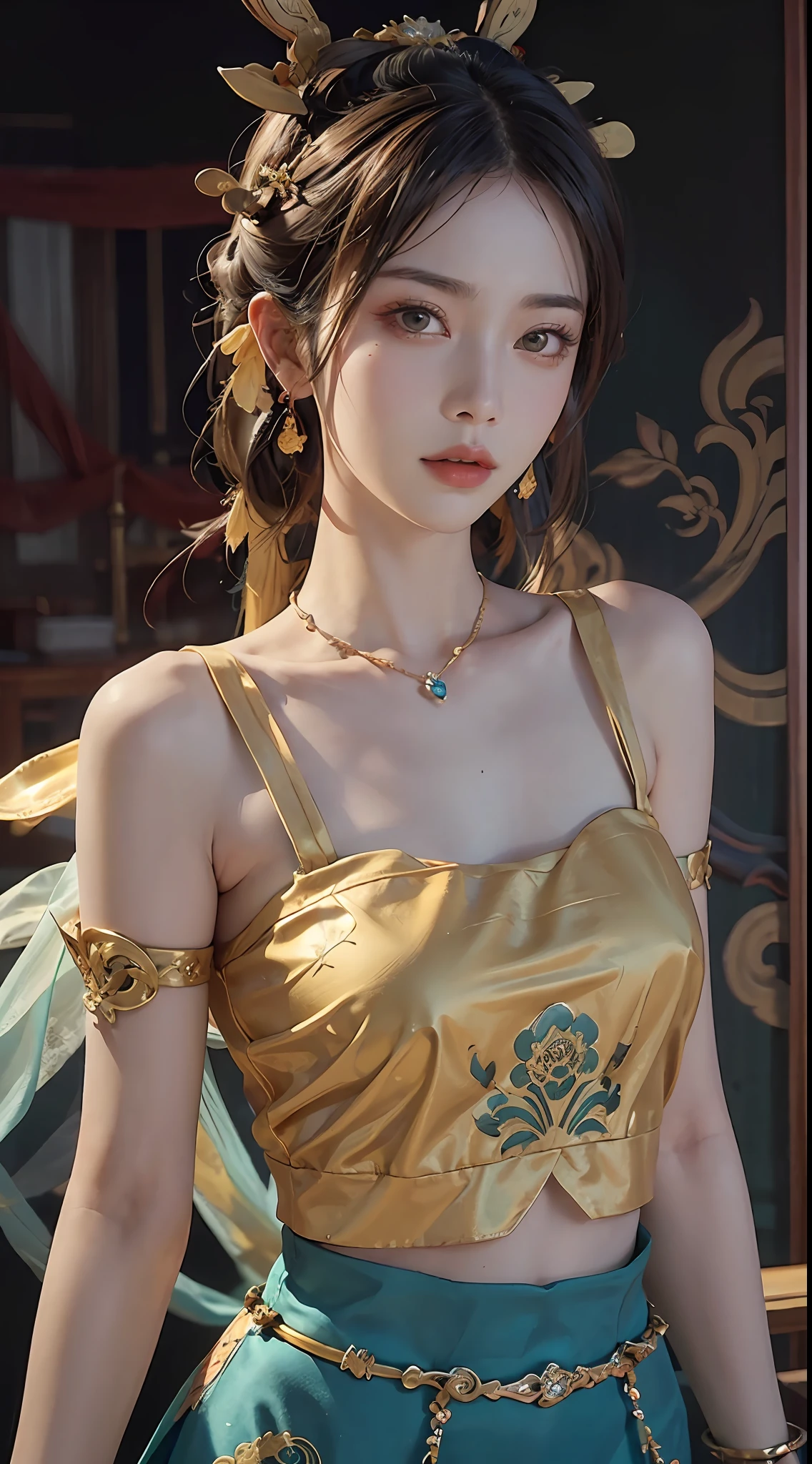 (RAW, Best Quality), Realistic, (Photorealistic Real: 1.3), Best Quality, High Detail, Masterpiece, Extremely detailed, Illustration, 1 25 year old goddess, upper body , Dynamic Angle, mess_long_hair, Best Quality, 8k Wallpaper, extremely detailed dunhuang uniform, Ink, Amazing, Cinematic Lighting, lens_flare, dunhuang_style, Sexy, Crop Top, Delicate Collarbone, Patterned Stockings, Gold Pattern all over body, an ancient goddess, hanfu-style ao dai, dunhuang costume, (dunhuang phi-tian style: 1.8) (fiction dunhuang landscape: 1.8), beautiful face and makeup details, thin black eyebrows, detailed eye makeup, big round yellow eyes, high nose, hair bun, jewelry on head and neck, big round regular breasts, bracelets on wrists, jewelry on the goddess dunhuang's shirt, a small tattoo in the middle of the goddess dunhuang,