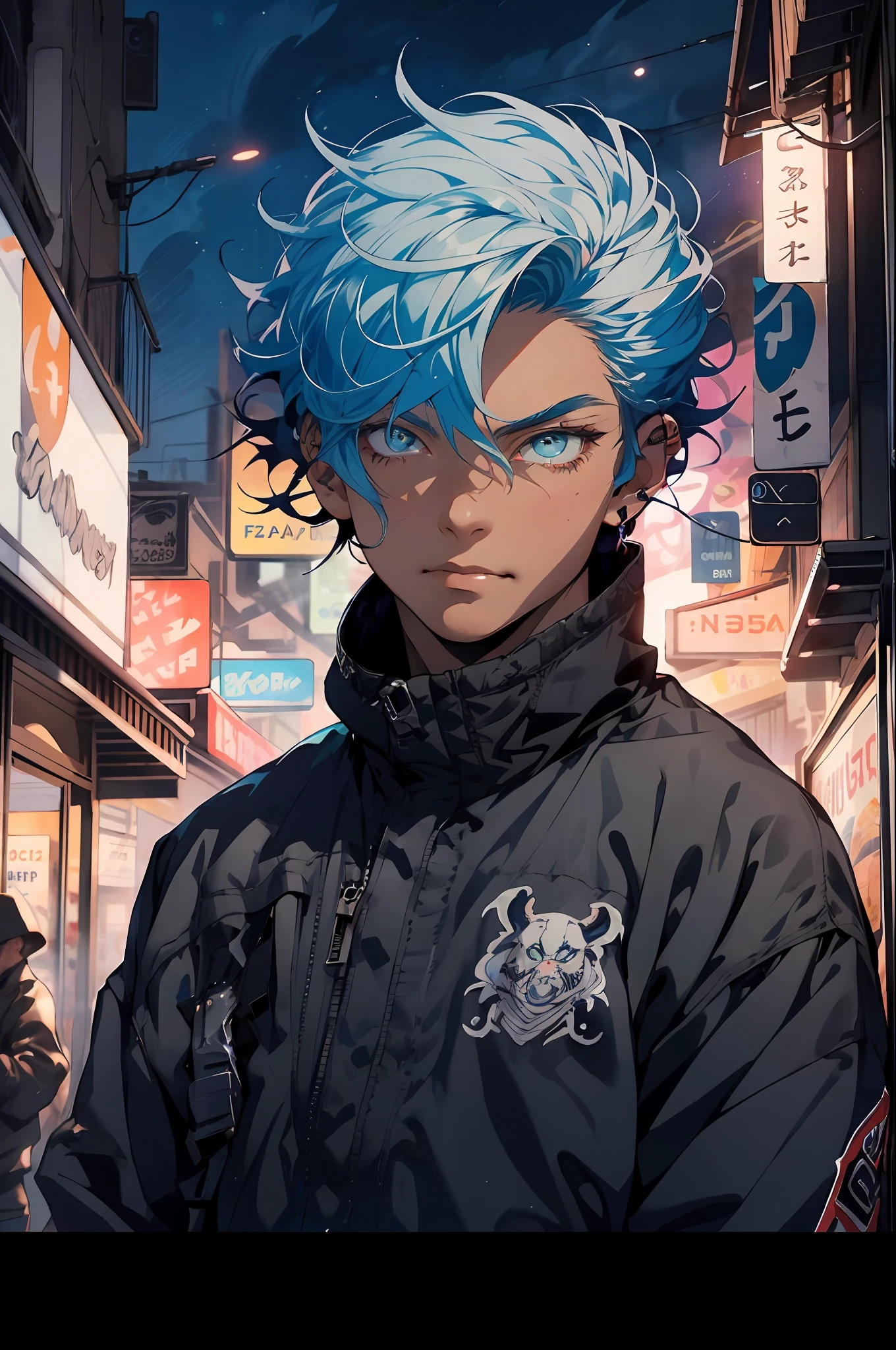 Realistic, (Masterpiece, Top Quality, Best Quality, Official Art, Beauty and Aesthetics: 1.2), Very Detailed, Fractal Art, Colorful, Most Detailed, Zentangle, (Night City Background: 1.5) (1androgynous boy: 1.3), Mafia, Blue Hair, Short Messy Hair, (Glowing Hazel Eyes), Mysterious, (Criminal), Handsome Person, Rainy Night, dark night background, intimidating, badass, (wearing a black jacket 1,2), smirk, cicatriz na sobrancelha, Dark Skin.