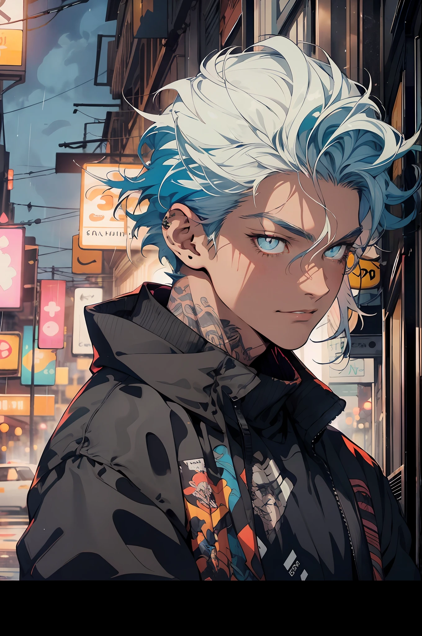 Realistic, (Masterpiece, Top Quality, Best Quality, Official Art, Beauty and Aesthetics: 1.2), Very Detailed, Fractal Art, Colorful, Most Detailed, Zentangle, (Night City Background: 1.5) (1androgynous boy: 1.3), Mafia, Blue Hair, Short Messy Hair, (Glowing Hazel Eyes), Mysterious, (Criminal), Handsome Person, Rainy Night, dark night background, intimidating, badass, (wearing a black jacket 1,2), smirk, cicatriz na sobrancelha, Dark Skin.