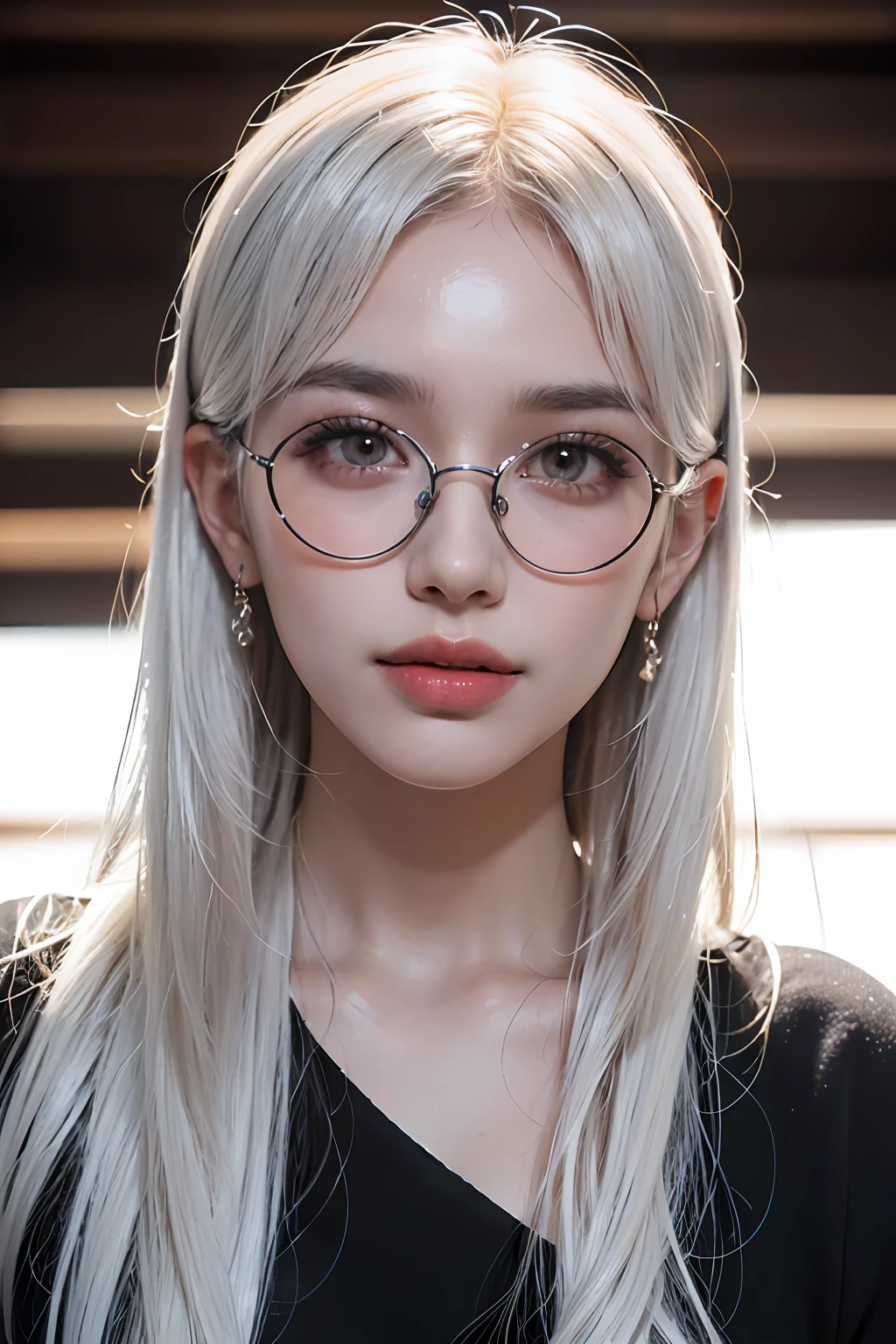 (8k, RAW photo, photorealistic: 1.25), (white hair, lip gloss, eyelashes, teardrops, snappy bangs, shiny face, shiny skin, best quality, ultra high resolution, depth of field, chromatic aberration, caustics, wide lighting, natural shading, kpop idol) glasses, calm, long hair, smile, devil, inside the house