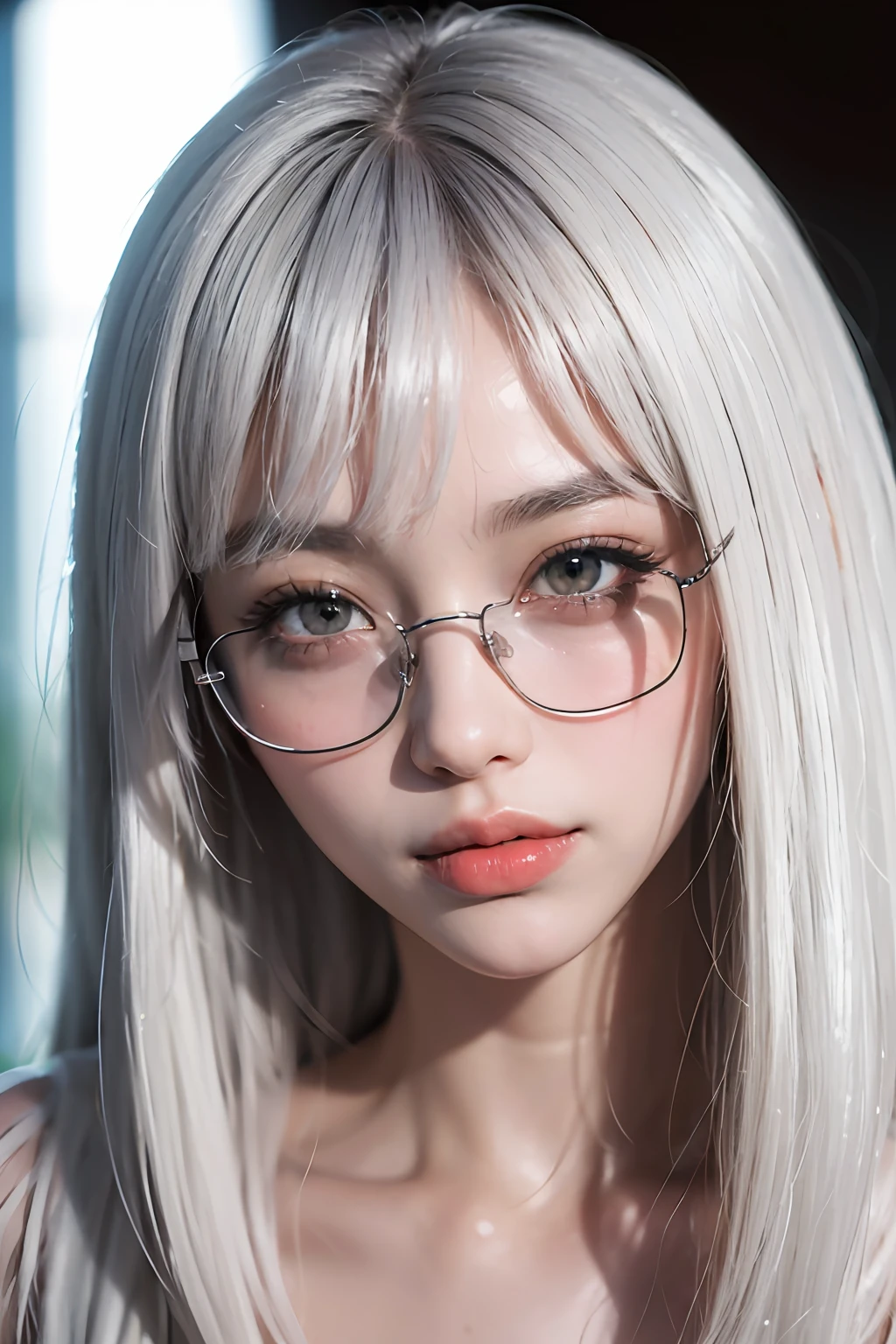 (8k, RAW photo, photorealistic: 1.25), (white hair, lip gloss, eyelashes, teardrops, snappy bangs, shiny face, shiny skin, best quality, ultra high resolution, depth of field, chromatic aberration, caustics, wide lighting, natural shading, kpop idol) glasses, calm, long hair, smile, devil, inside the house