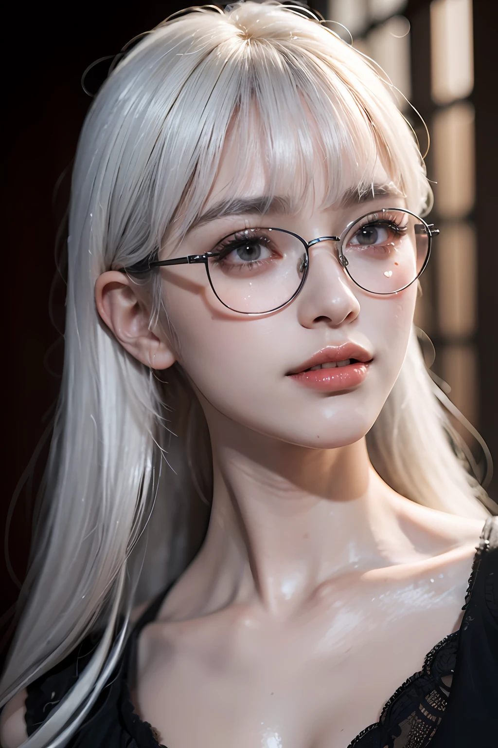 (8k, RAW photo, photorealistic: 1.25), (white hair, lip gloss, eyelashes, teardrops, snappy bangs, shiny face, shiny skin, best quality, ultra high resolution, depth of field, chromatic aberration, caustics, wide lighting, natural shading, kpop idol) glasses, calm, long hair, smile, devil, inside the house