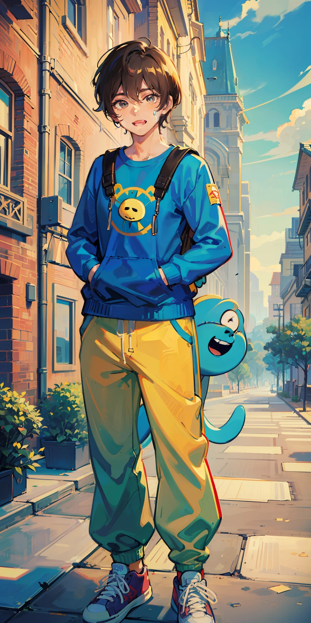((masterpiece)), ((best quality)), ((anime profile style)), ((cartoon: adventure time)), ((characters finn and jake)), ((brown skin)) , a boy 20 years old, ((eyes)), ((perfect)), eyebrow, nose, ear, mouth, smile, ((teeth showing)), ((hair)), neck, shoulders, arms, ((shirt long sleeve)), ((sweatpants)), ((sneakers)), back pack, background scenery