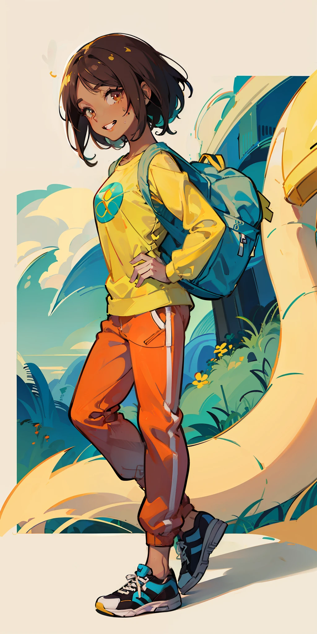 ((masterpiece)), ((best quality)), ((anime profile style)), ((cartoon: adventure time)), ((finn and jake characters)), ((female version)) , ((brown skin)), 20 year old girl, ((eyes)), ((perfect)), eyebrow, nose, ear, mouth, smile, ((teeth showing)), ((big hair)), neck, shoulders, arms, ((long-sleeved shirt)), ((sweatpants)), ((sneakers)), backpack on back, background scenery