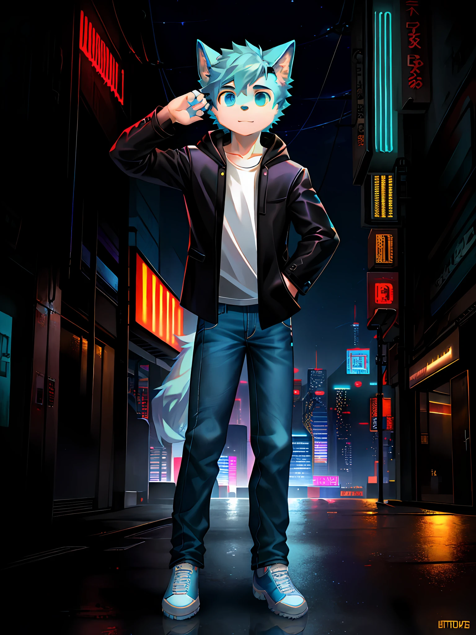 Dog, light blue fur covering the whole body, white t-shirt, black coat, blue jeans, little boy, teenager, pose, night, city, cyberpunk