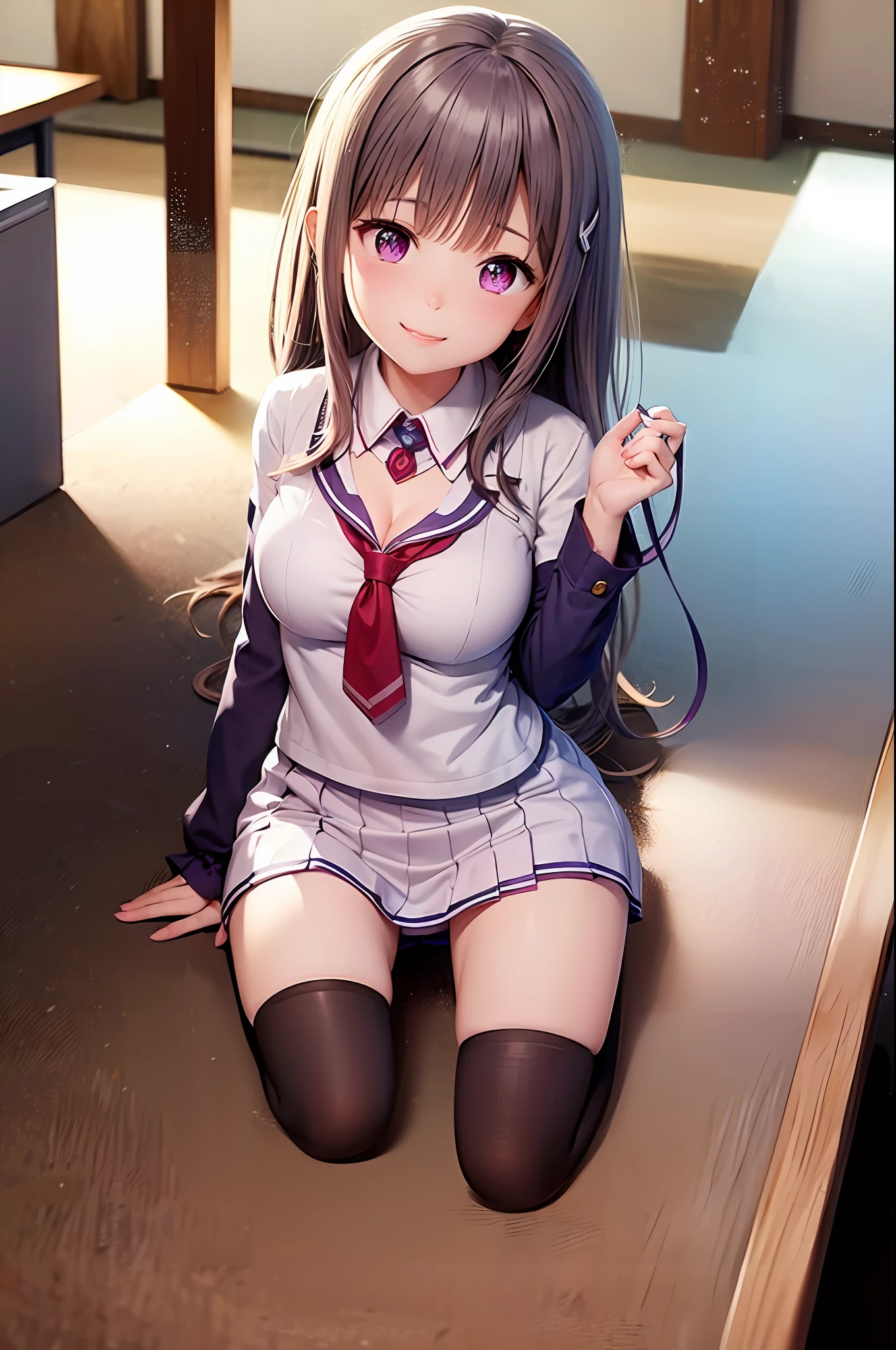 (school uniform:1.2),aimiliya,cleavage, medium breasts,light smile,best quality