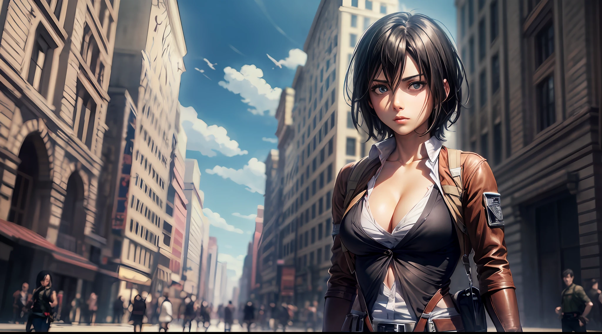 (Attack on Titan, Mikasa Ackerman), brown skin, black shirt, (short black hair), young, cute, beautiful girl, perfect style, big, emphasizing cleavage, expressionless, realistic, photoreal, 8k, very detailed, highest quality, best quality, super high definition, masterpiece, one girl, (background is Egyptian pyramids),