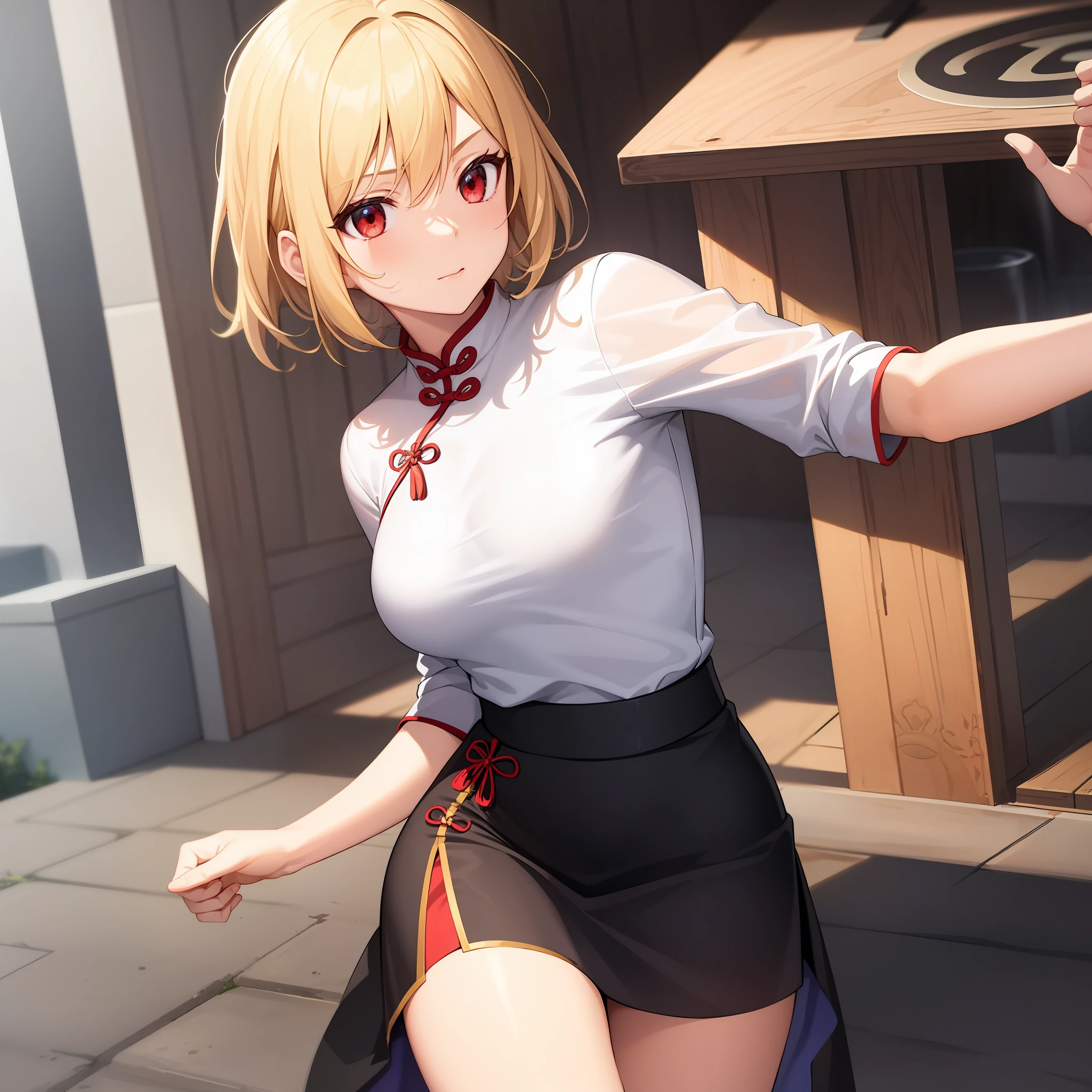 anime, girl single, blonde, red eyes, solo, cheongsam, skirt, indoor, china, martial artist