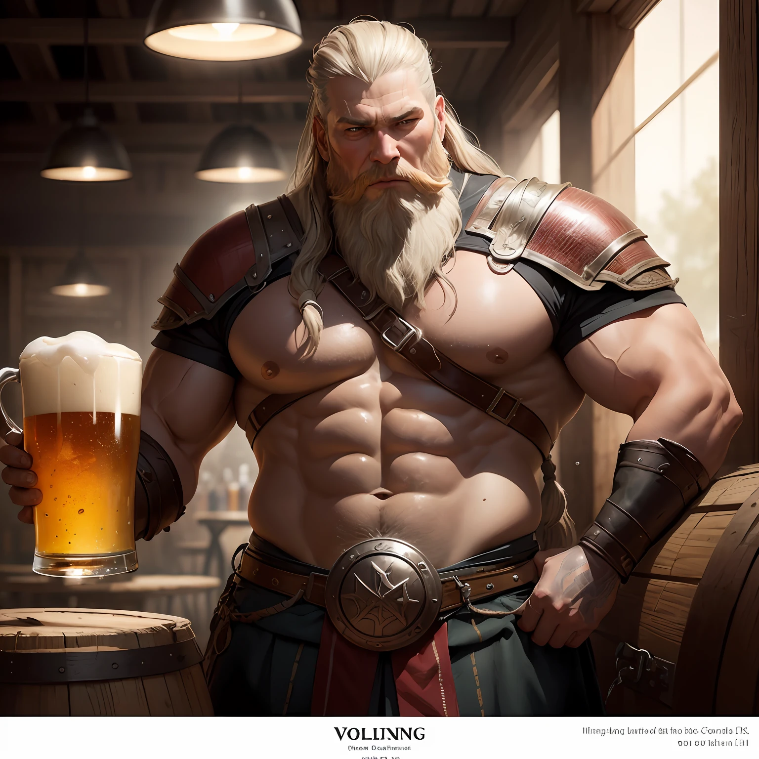 Create a hyper-realistic photograph depicting a Viking in a moment of relaxation, enjoying a beer. Focus on every detail, capturing the strength and rusticity of the Viking, as well as the texture of his hair and beard, the intense expression on his face, and the robust muscles. Place it in an environment that evokes the atmosphere of ancient Viking halls, with elements such as shields, axes, animal skins, and carved wood. The Viking should hold a mug or horn of beer in his hands, underscoring his connection to the drink and Viking culture. Pay attention to the details of the beer, highlighting the bubbling foam and condensation drops on the surface of the container. Use dramatic lighting to highlight textures and create expressive shadows. The colors should be intense, with earthy and metallic tones that refer to the Viking era. Convey the essence of the Vikings' fearless and adventurous spirit while capturing a moment of relaxation and beer appreciation. This hyper-realistic photograph seeks to celebrate Viking culture and immortalize the imposing and fascinating figure of these warriors of the past. --auto