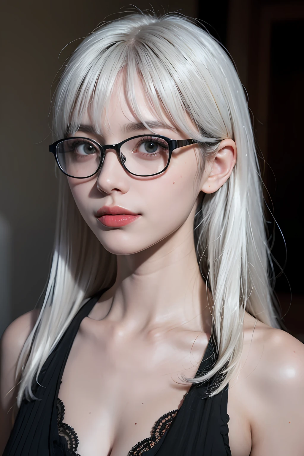 (8k, RAW photo, photorealistic: 1.25), (white hair, lip gloss, eyelashes, tear bags, snappy bangs, shiny face, shiny skin, best quality, ultra high resolution, depth of field, chromatic aberration, caustics, wide lighting, natural shading, kpop idol) glasses, gentle, raking up one hair with hand, long hair, smile, little devil, in the house