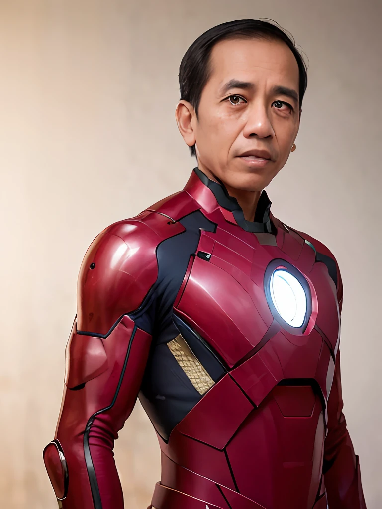 4k, Best quality, masterpiece, ultra high res, beautiful lighting, (realistic, photo-realistic:1.4), realistic background,  jokowi, 1man, 50 years old, serious, ironman open mask, standing potrait photo, Long shot, wide shot, full shot