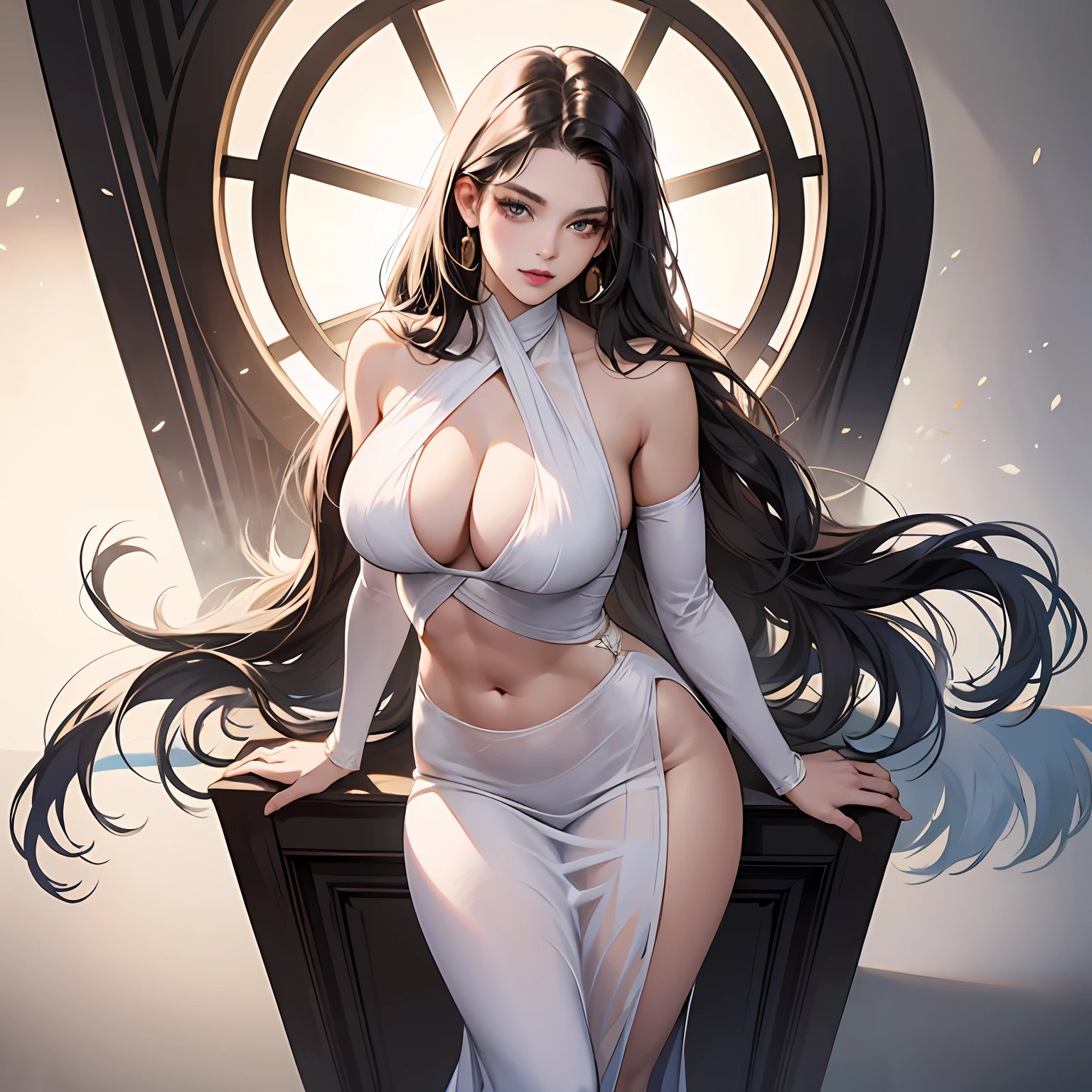 From above, ((Best Quality)), ((Masterpiece)), (Details), 1girl, she was wearing a revealing white dress. The dress, exposing the shoulders and navel, fit the body snugly and beautifully emphasized its curves. Her skin was white like ivory and soft and smooth to the touch. Her branded hair was straight and shiny pale. Her long hair ran down her back, making her figure look even more beautiful. Her eyes are large and deep indigo. Her lips were colored with cherry-colored lipstick and were plump and bulging. Her figure is somewhat mysterious and looks at the viewer. She was in a minimalist, simple and stark white room. Her face was beautifully trimmed and her eyes and nose were clear. The big black eyes were attractive with a deep and subtle glow. Her hair was long and lustrous, and her flowing beauty further enhanced her charm. Her mouth was small, and her well-formed lips were shining brightly. Her skin was smooth and very beautiful, almost silky. Her breasts and buttocks were large, and her thin waist was beautiful with its supple lines. , (large breasts, huge breasts, huge breasts, big breasts), long drooping, long drooping, abs --auto