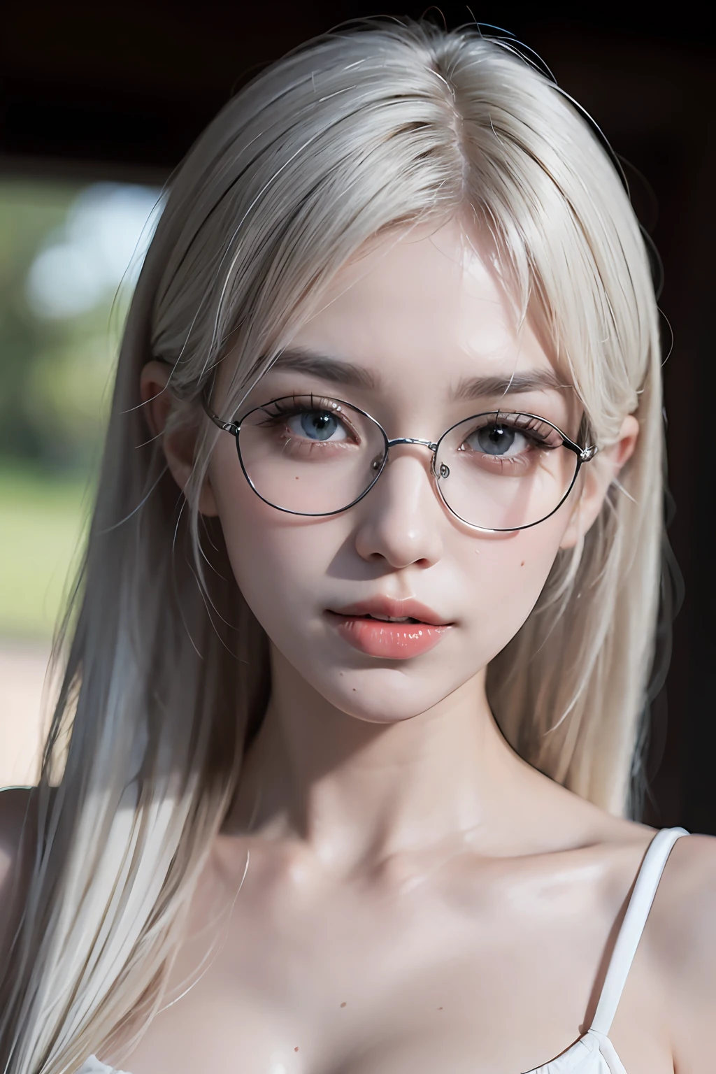 (8k, RAW photo, photorealistic: 1.25), (white hair, thin lip gloss, parallel eyebrows, eyelashes, tear bags, snappy bangs, shiny face, shiny skin, best quality, ultra high resolution, depth of field, chromatic aberration, caustics, wide lighting, natural shading, Kpop idol) glasses, gentle, raking up one hair with your hand, long hair, smile, Little devil, in the house