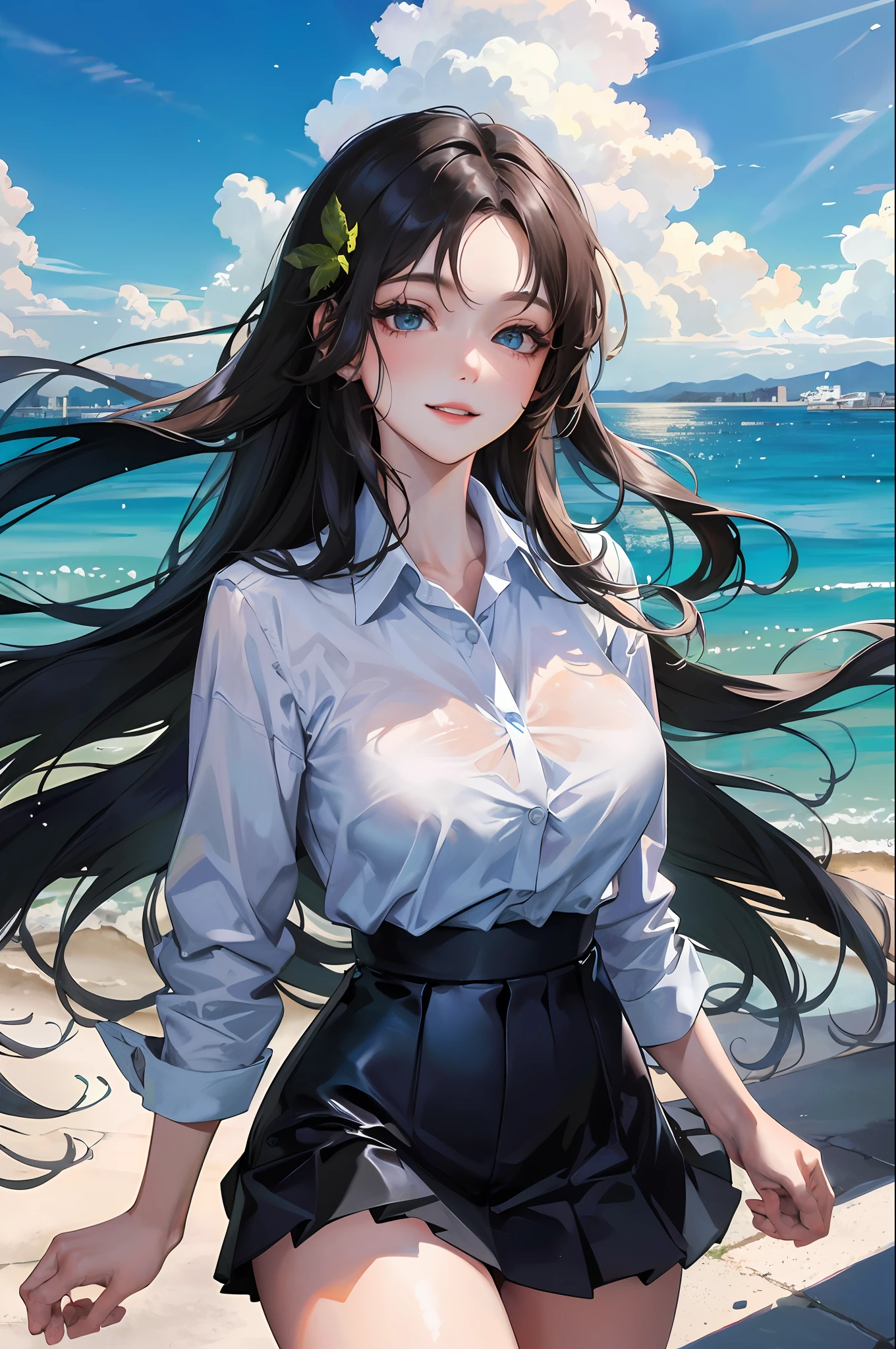 official art, masterpiece, sharp focus, (beautiful cute and gorgeous Korean woman: 1.3), (beautiful cute Korean: 1.3), Korean beauty, delicate and beautiful hair, eyes and face, realistic, ultra detailed, beautiful girl, blue sky, white particle glow, (side lighting: 1.2), sunlight, white cloud, detailed clouds, thin, very pretty, very big breasts and very large hips,  smile with teeth, ((smile with eyes, open both eyes)), landscape, long and straight hair, sexy facial expression, building, (cityscape: 1.7), dynamic hair, long and smooth hair, detailed ocean blue hair, bright blue eyes, (blue pleated shirts + green miniskirt), bare feet, pale skin, hair ornament, epic landscape,