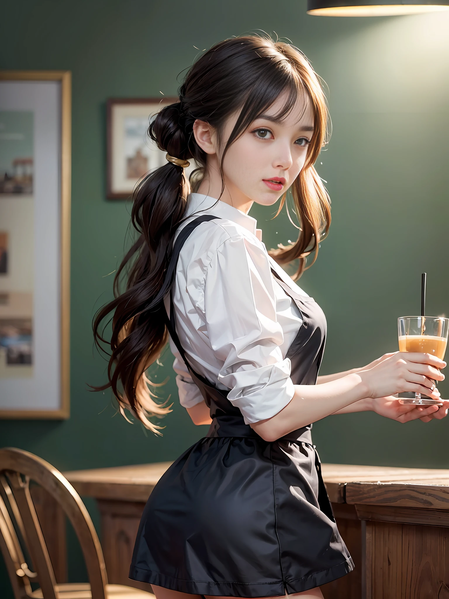 mature barista, (full body), (masterpiece: 1.3), (8k, photorealism, RAW photography, best quality: 1.4), (1girl), shallow depth of field, focused face, soft focus, beautiful face, pearl pink shiny lips, (backlight: 1.5), (surroundings: 1.3), (realistic face), (black hair, medium short: 1.3), Loose wavy hair, Short bangs, Ponytail, Pigtails, Braids, Realistic eyes, Dark brown eyes, Pupil highlights, Beautiful detail eyes, Dark brown eyes, (plenty of natural light), (Realistic skin), Beautiful skin, (white collar blouse), (Apron), (tight skirt), (Carrying tray), Absurd, Attractive, Ultra high resolution, Ultra realistic, High Definition, Golden ratio, detailed café dining background, blackboard menu, backlight from back window, pale skylight with natural light, natural light lighting from diagonally front of face, (small head), (small), perfect anatomy
