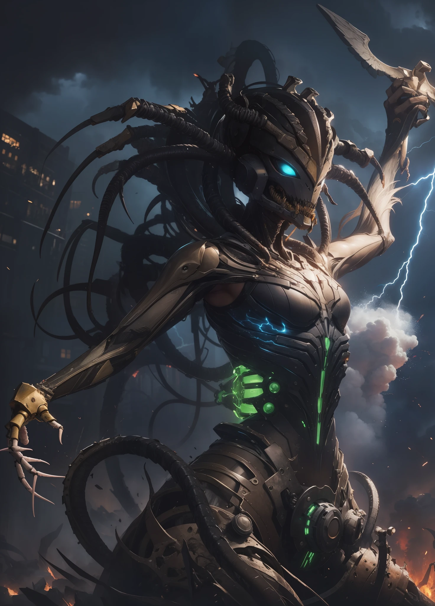 Draw a picture of Medusa, machinery, death spider, plant, alien, angel, siren, combination, background: lightning and thunder, volcanic eruption, wasteland