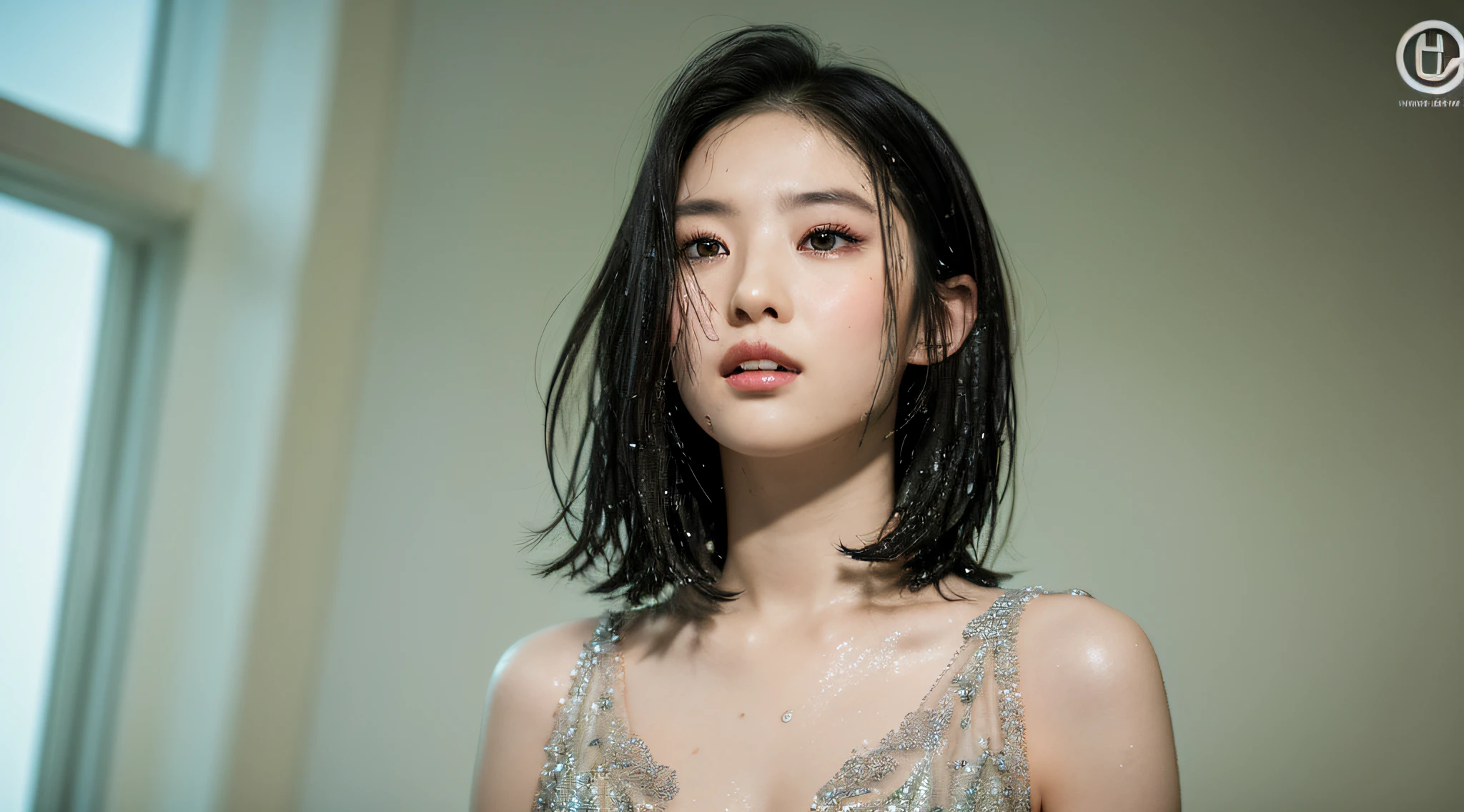 ((Best Quality, 8K, Masterpiece: 1.3)), Sharp: 1.2, Perfect Body Beauty: 1.4, Slim Abs: 1.2, ((Layered Hairstyle, :1.2)), (Good Girl Outfit: 1.1), (Indoor: 1.2), Wet: 1.5, Highly detailed face and skin texture, Detailed eyes, double eyelids, Look up at the lens,