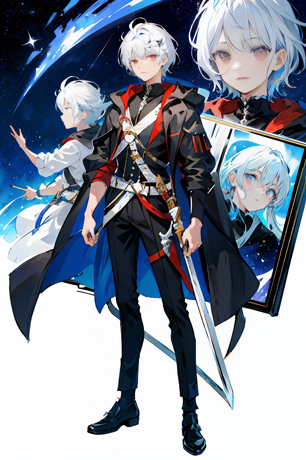 Charter layout, full body, upright, semi-floating, boy holding a sword, white hair and red eyes, fancy dress, detail clothes, starry sky magic, standing painting on white background