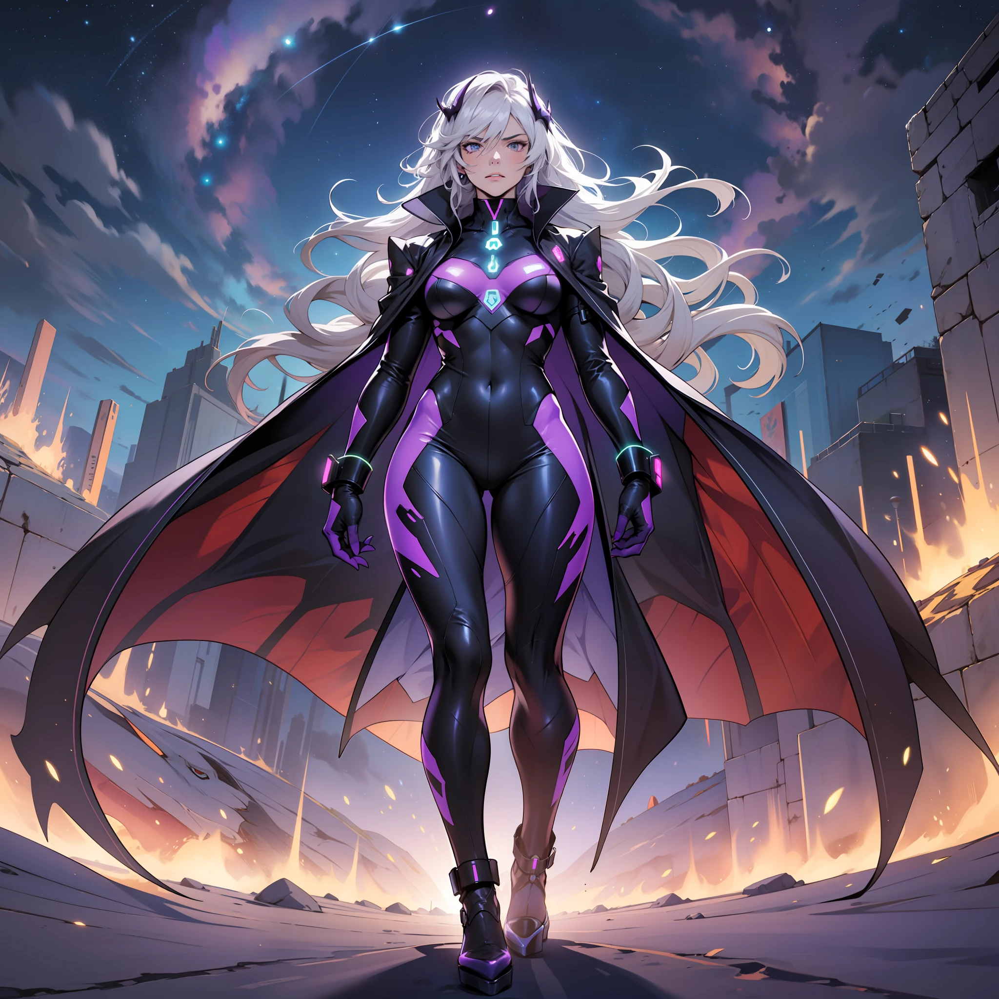 Age 30 years woman, Long gray hair with dragon Clip, Wearing a purple bodysuit Merged with robes with glow Motive Dark purple, high heels, Third person view, looking at the desert, best quality, masterpiece, HD, Full Body, Night sky, variation angle, Serious expression, facing back
