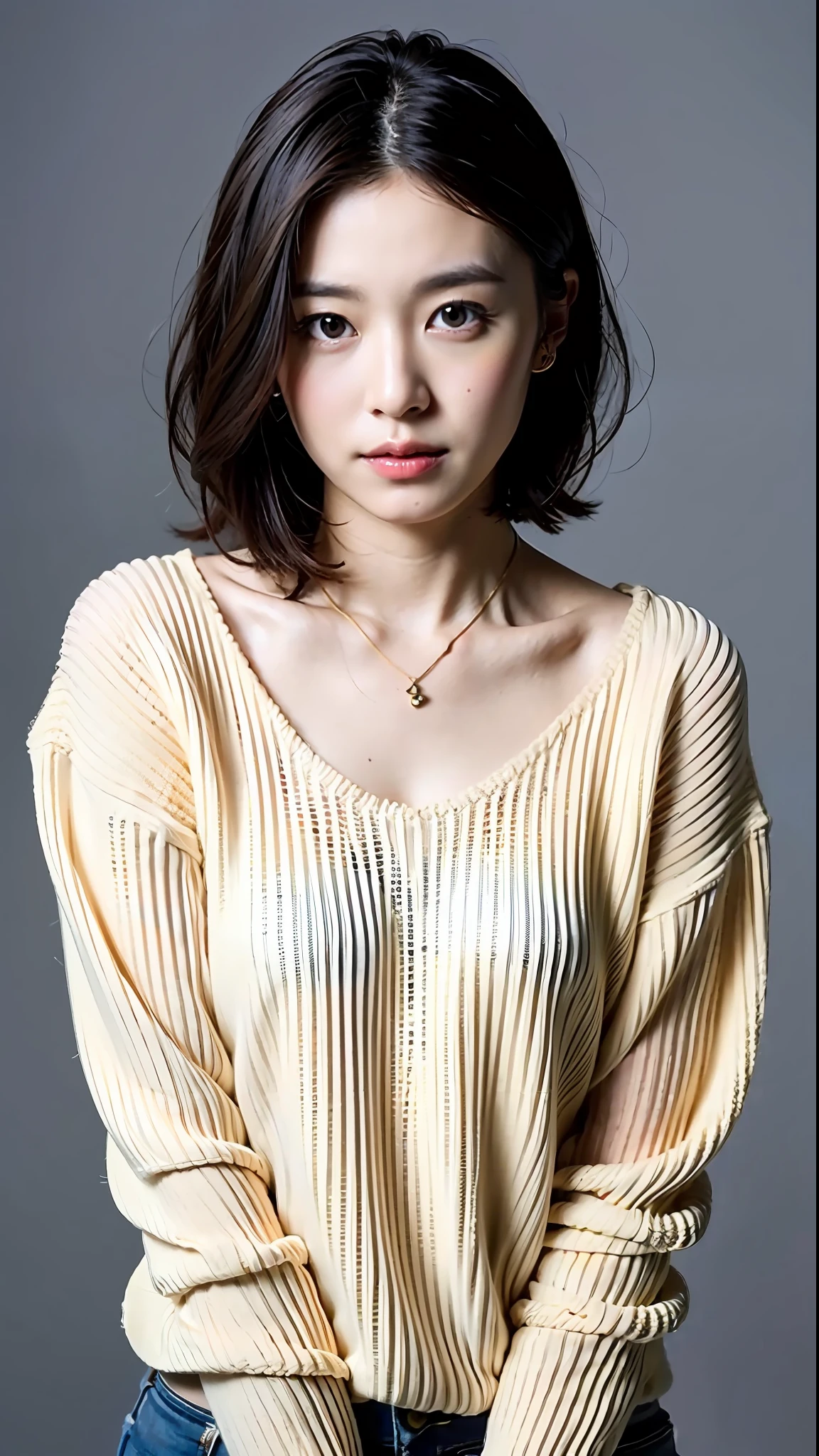 (Best Quality, 8k, 32k, Masterpiece, UHD: 1.2), Cute Japan Woman Pictures, Very Short Bob Hair, Face Focus, (oversized_sweater,:1.1) Necklace, Simple Background, Watch Viewer, Leaning Forward, Full Body