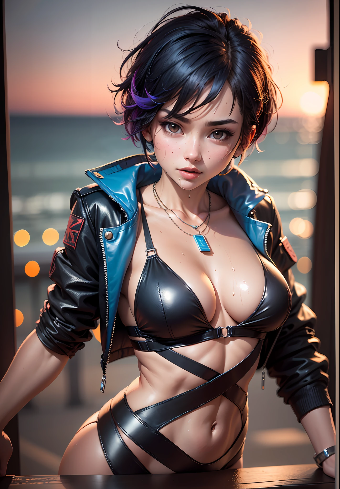 absurdres, highres, ultra detailed, (1 girl: 1.2), (((dark tanned skin: 1.4))), tan lines, (muscular: 1.4), (abs: 1.4), round ass, black necklace shoker, unity 8k wallpaper, a woman, wet, wet skin, water drops, sweat, Dynamism, cinematic shot, intricate details, (lifting jacket: 1.3), (no bra), breast squeeze, underboob, (visible skin: 1.3), sexy clothes, tease, playful expression, seductive pose, (masterpiece, ultra highres, detailed background:1.5), (intricate surroundings: 1.3), (elaborate scenery:1.3), (rich textures: 1.3), (detailed lighting: 1.2), (dramatic shadows: 1.2), (vivid color palette: 1.2), (cyberpunk background), beach, seductive pose, inviting to kiss, steam, black and blue hair, Short hair, (Spiky Pixie haircut), bright lighting, blue and purple lightings