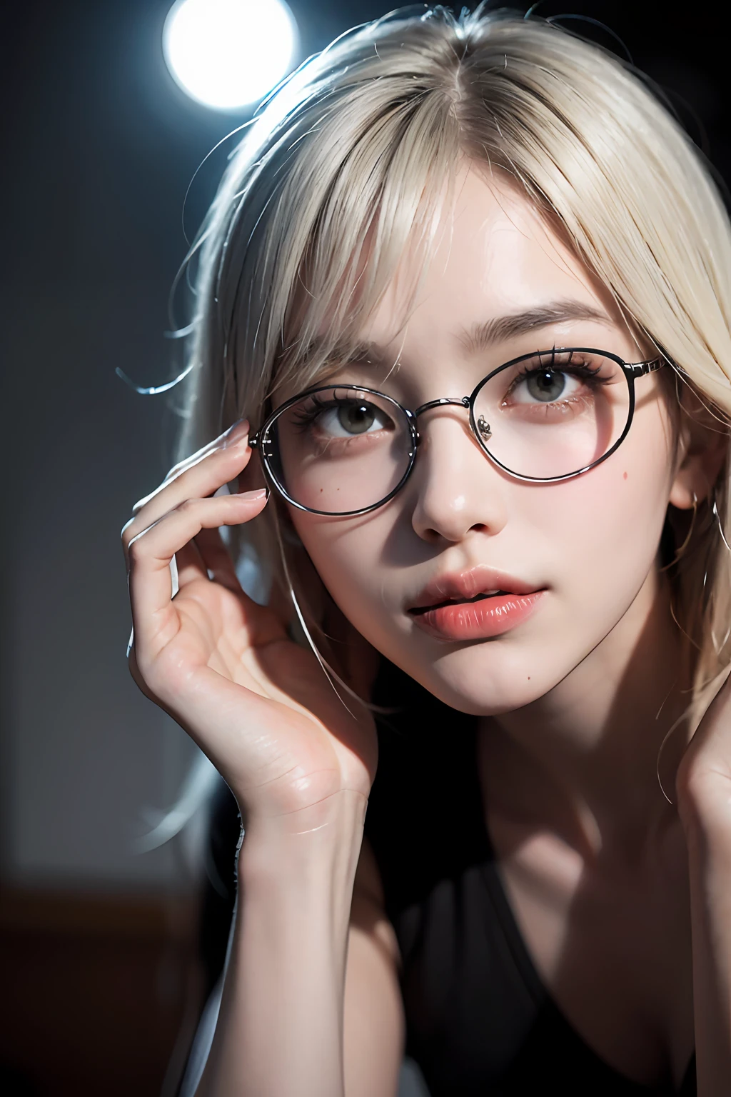 (8k, RAW photo, photorealistic: 1.25), (partially white hair, thin lip gloss, thin eyebrows, eyelashes, teardrops, snappy bangs, shiny face, shiny skin, best quality, ultra high resolution, depth of field, chromatic aberration, caustics, wide lighting, natural shading, Kpop idol) glasses, gentle, raking up one hair with a hand, long hair, smile, little devil, in the house