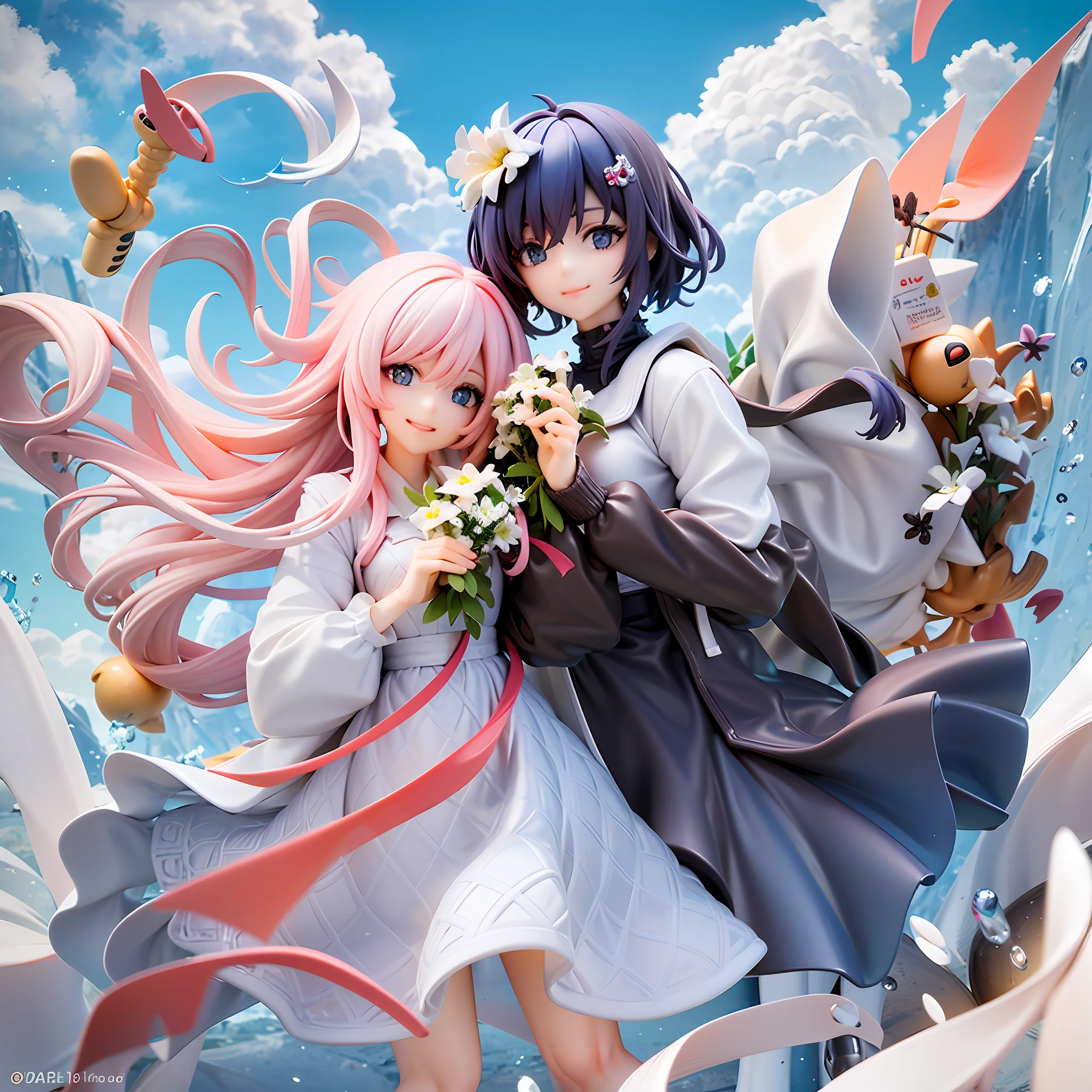 Two girls, beautiful light blue eyes, seductive smile, holding a bouquet of white flowers in front of chest, light pink hair, long hair, beautiful white dress, dark blue hair, white flower hair ornament, short cut, white and dark blue dress, blue sky, white clouds, clear weather, pastel colors, happiness, love