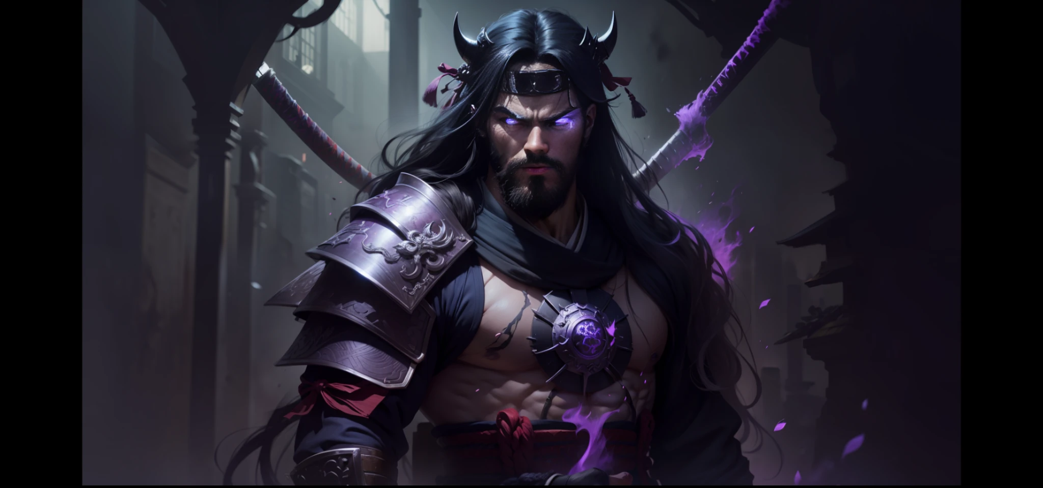 Dark samurai, bright purple eyes, purple aura, beard, long black hair, muscular, evil.