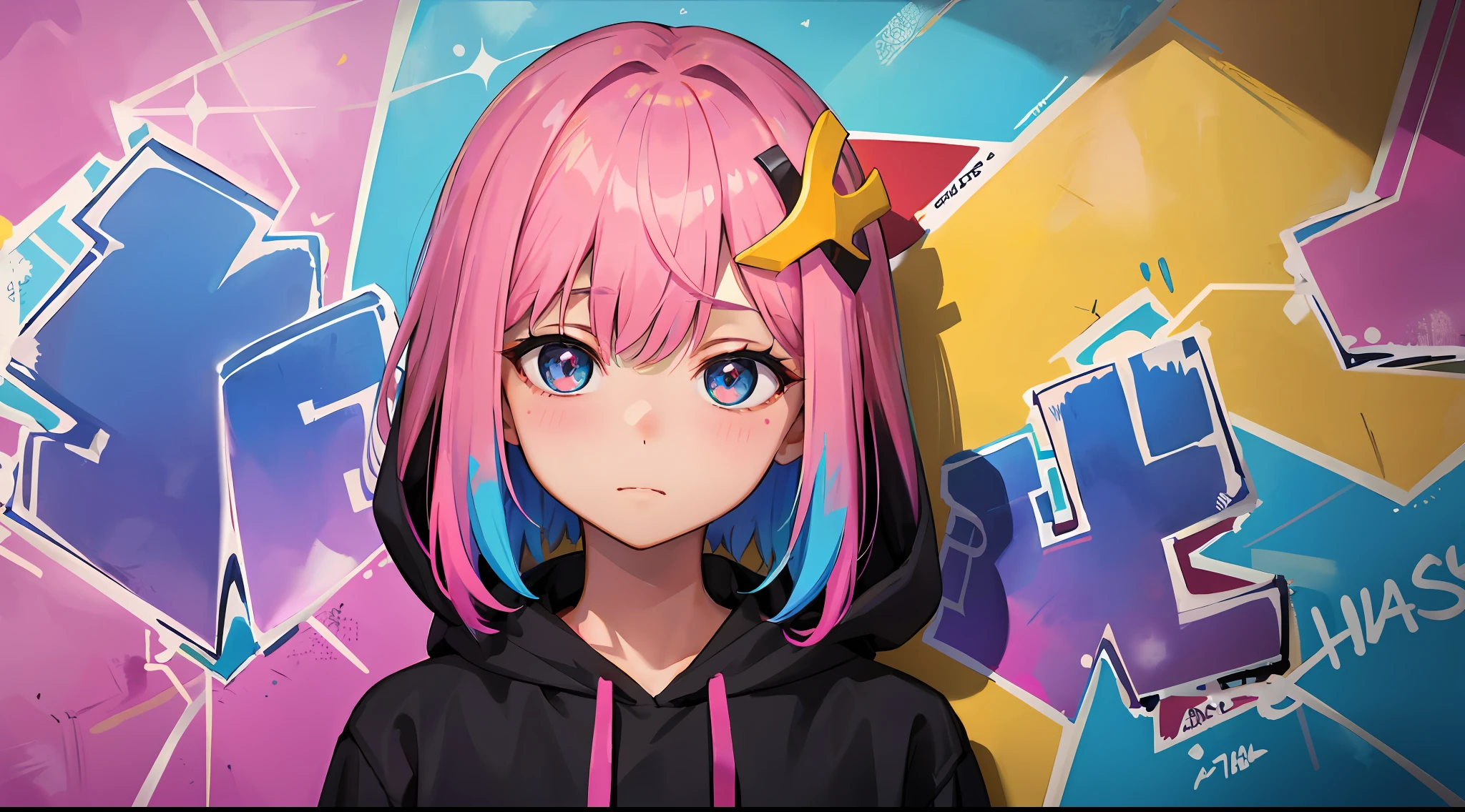 Masterpiece, high quality, high resolution, absurd, super fine, 8k, 1girl, pink hair, multicolored hair, gradient hair, looking at the audience, colorful eyes, colorful hoodie, (graffiti mural background wall: 1.15), wonderful painting, bloom, portrait, cross hair ornament, shut up, pack, against the wall, bangs, shadow, reflection
