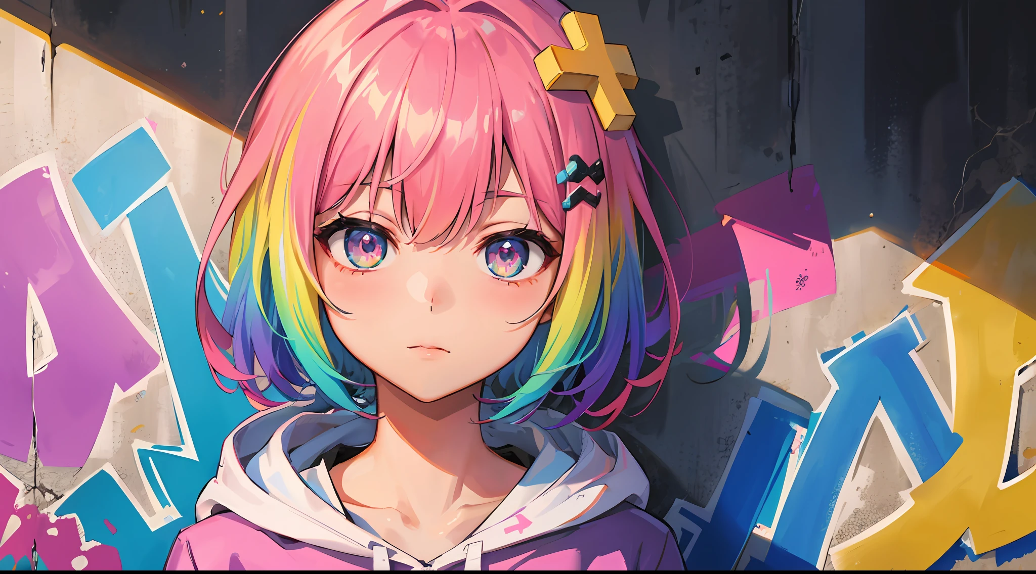 Masterpiece, high quality, high resolution, absurd, super fine, 8k, 1girl, pink hair, multicolored hair, gradient hair, looking at the audience, colorful eyes, colorful hoodie, (graffiti mural background wall: 1.15), wonderful painting, bloom, portrait, cross hair ornament, shut up, pack, against the wall, bangs, shadow, reflection