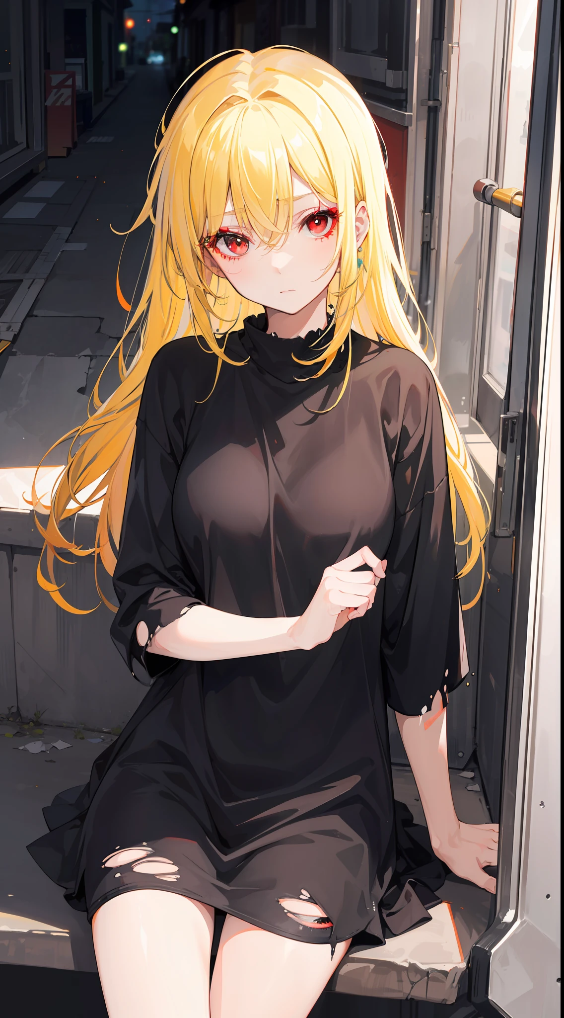 In the middle of a poor town, there a girl with torn clothes, she has yellow hair and red eyes and sits with blank eyes and black eyeshadow, she is beggar