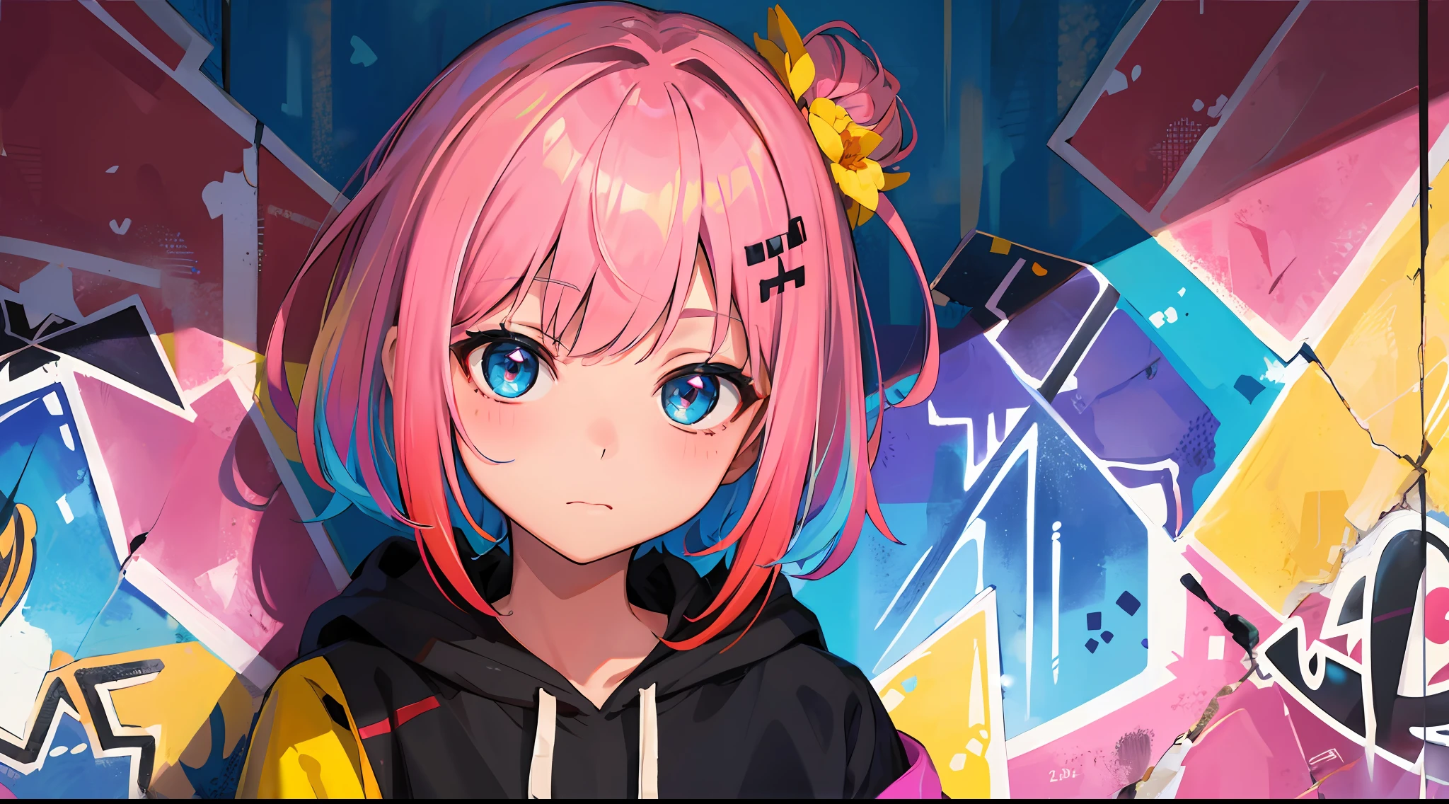 Masterpiece, high quality, high resolution, absurd, super fine, 8k, 1girl, pink hair, multicolored hair, gradient hair, looking at the audience, colorful eyes, colorful hoodie, (graffiti mural background wall: 1.15), wonderful painting, bloom, portrait, cross hair ornament, shut up, pack, against the wall, bangs, shadow, reflection